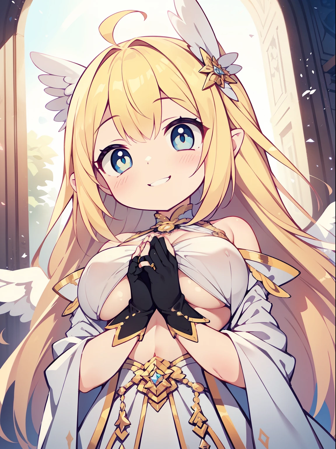 (angel girl:1.2), (1 person:1.2),(10 year old girl)、young girl、big breasts、 nffsw、shader、highly detailed eyes、angel costume(Wearing a white cloth、angel wings、angel ring)、long straight hair、underide boob、blonde、silky hair、ultra-intricate pupil in eyes、highest quality、bright colors、Bust 100、Standing picture of the game、Stirring composition、Composition looking up from below、Pose that emphasizes the chest、rub your chest、black shiny gloves、grinning expression、eyes half closed、open your mouth、fold your hands behind your back、Hide your hands、evil smile、whole body、beautiful