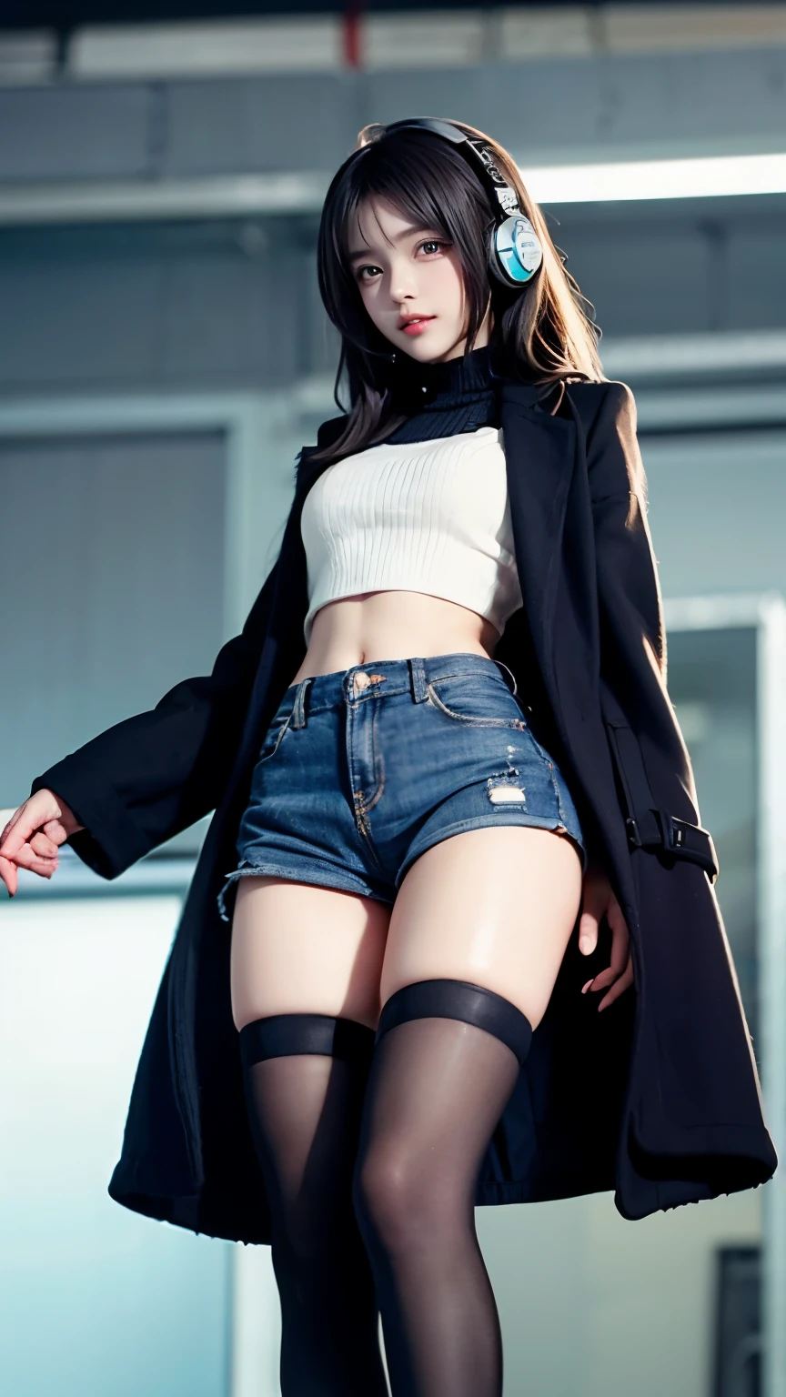 Carrot、Supermodel、Perfect build、Muchimuchi、Three girls are looking at the viewer、　3 girls、、Thighhighs、beautiful feet、hot pants、coat、cyber punk、headphone、Seen by girls from below、Innocent face、look of contempt、look down on
