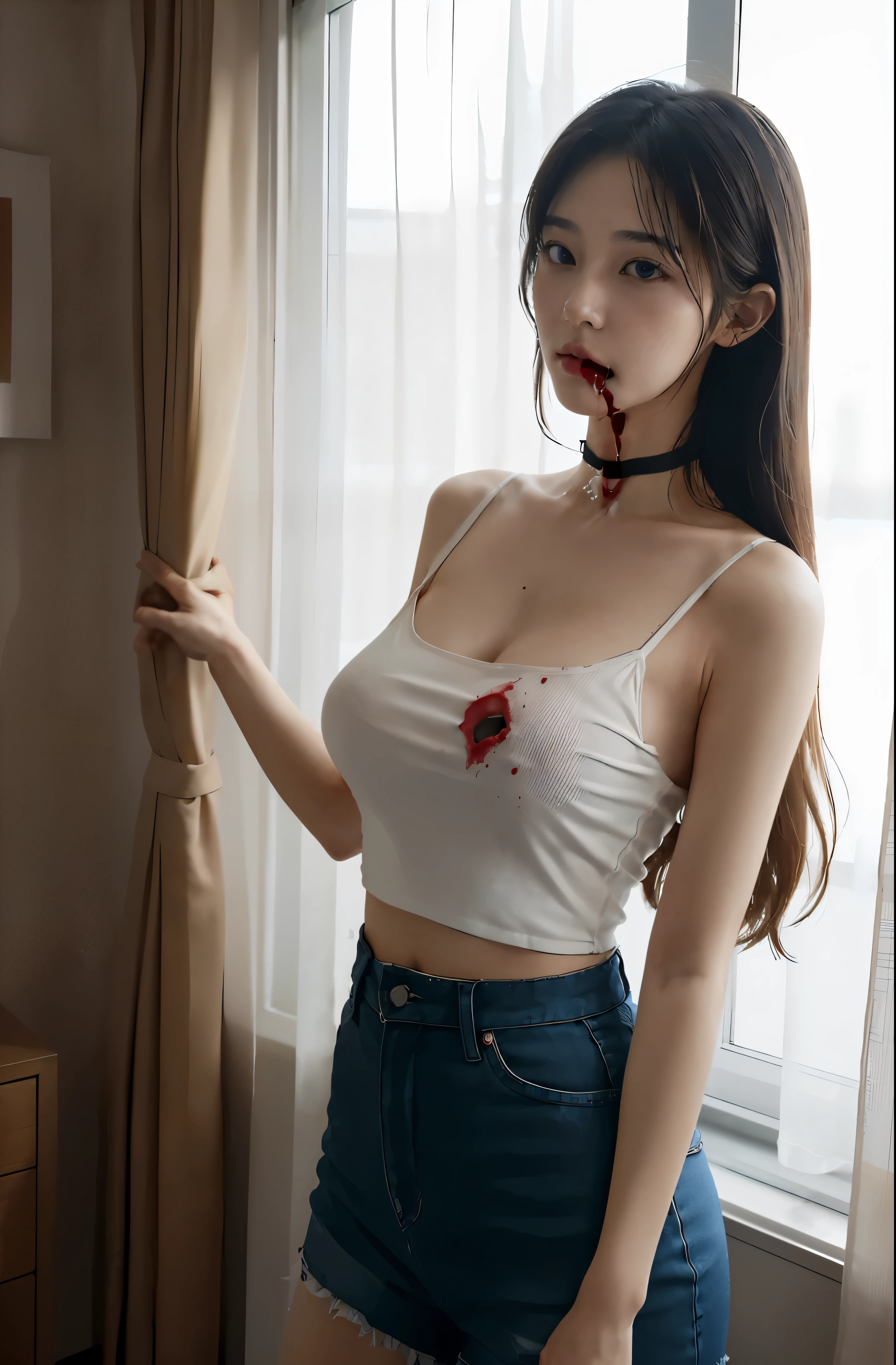 In the mouth有血,In the mouth,Blood is flowing down the neck,bright red blood,Vomiting a lot of blood