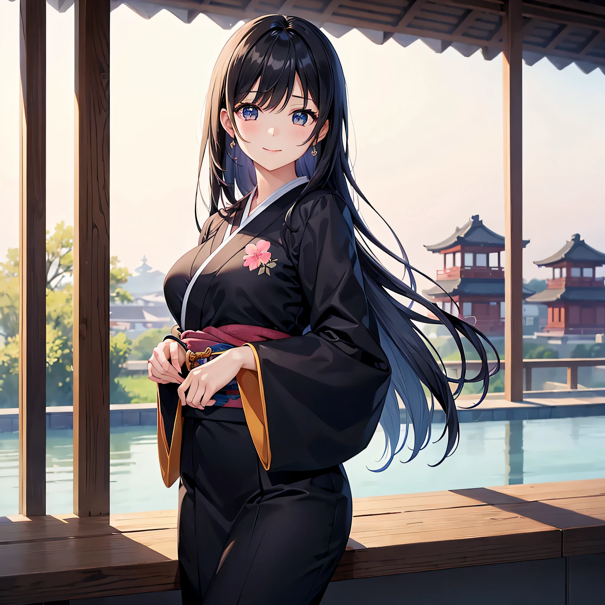 One super beautiful woman、((highest quality、8K masterpiece:1.3))、sharp focus:1.2、(super beautiful face:1.0)、(shiny skin:1.0)、realistic pictures、black hair、video writing、High resolution eyes and face、The front side of the middle breasts of Japanese idol actresses、shy smile、The beauty of slender abs、whole body、wearing a suit、、wearing a kimono、luxury obi、At work