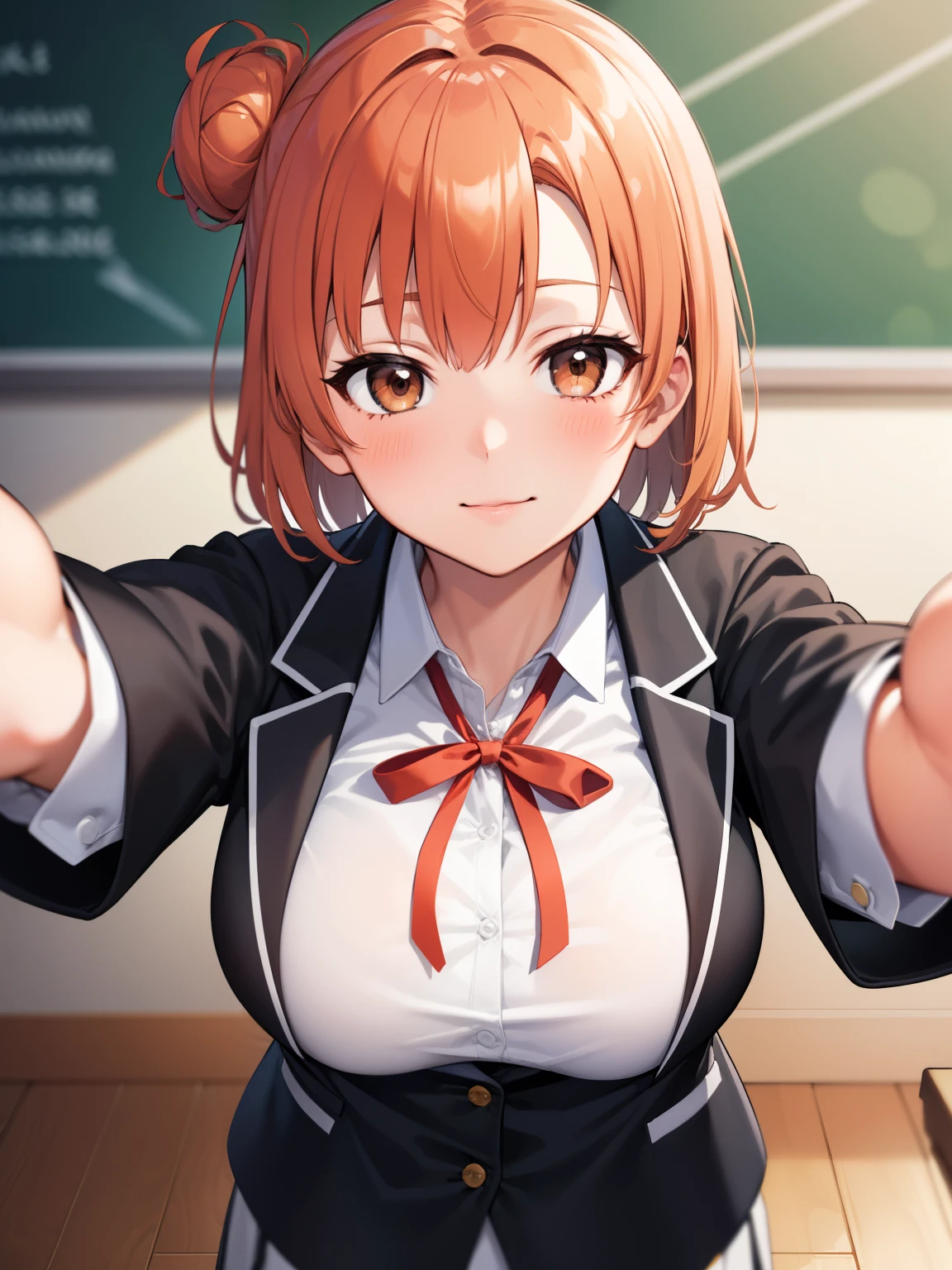 Yuigahama Yui, short hair, (brown eyes), (orange hair),  single bun hair, 
break 1girl,  shirt, ribbon, school uniform, Jacket, white shirt, black Jacket, blazer, sobu high school uniform, 

break looking at viewer, 
break (masterpiece:1.2), highest quality, High resolution, unity 8k wallpaper,  (beautiful and fine eyes), highly detailed face, perfect lighting, Very detailed CG, (perfect hands, perfect ),

(blush:1.2), smile, 
(), 
classroom, 
upper body, 
incoming hug kiss, 
from above, 
