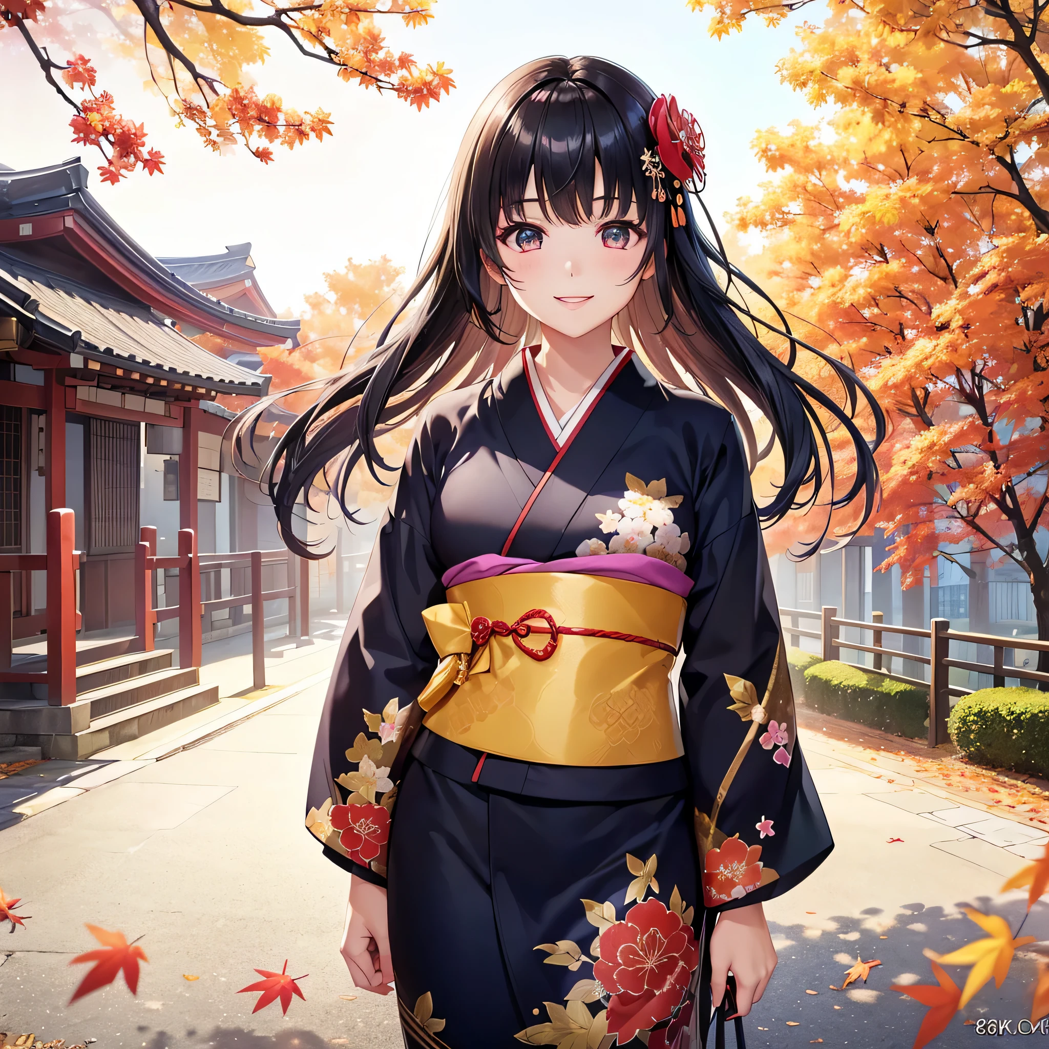 (Super beautiful woman in kimono)、((highest quality、8K masterpiece:1.3))、sharp focus:1.2、(super beautiful face:1.0)、(shiny skin:1.0)、realistic pictures、black haired、video writing、High resolution eyes and face、video writing、japanese actress、from the front、Medium chest、with a happy smile、wearing a kimono、under the autumn leaves、highest grade obi