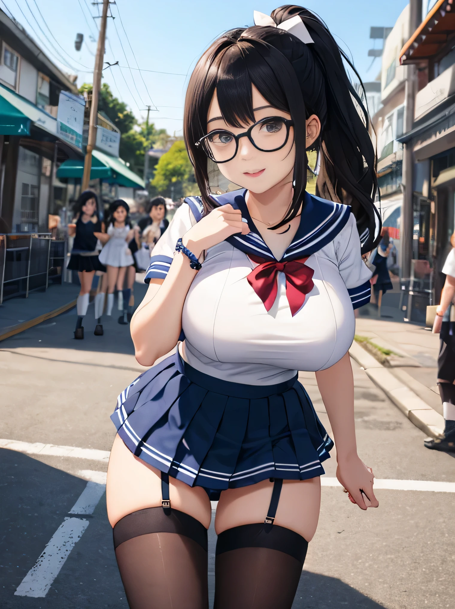 highest quality、High resolution、8K、cute beauty、detailed background、beautiful and detailed face、beautiful and smooth skin、skin texture、Beautiful age girl、(5 women)、(big breasts:1.4)、sexual expression、Cute character wearing a sailor suit.。Uniform costume with white sailor collar and ribbon.。dark blue pleated mini skirt、Cute colored knee high socks、Cute Ponytail、cute glasses、sleeveless、
Each character comes with a different colorful accessory.。sexy pose、outdoor stage、panty shot、panty shot