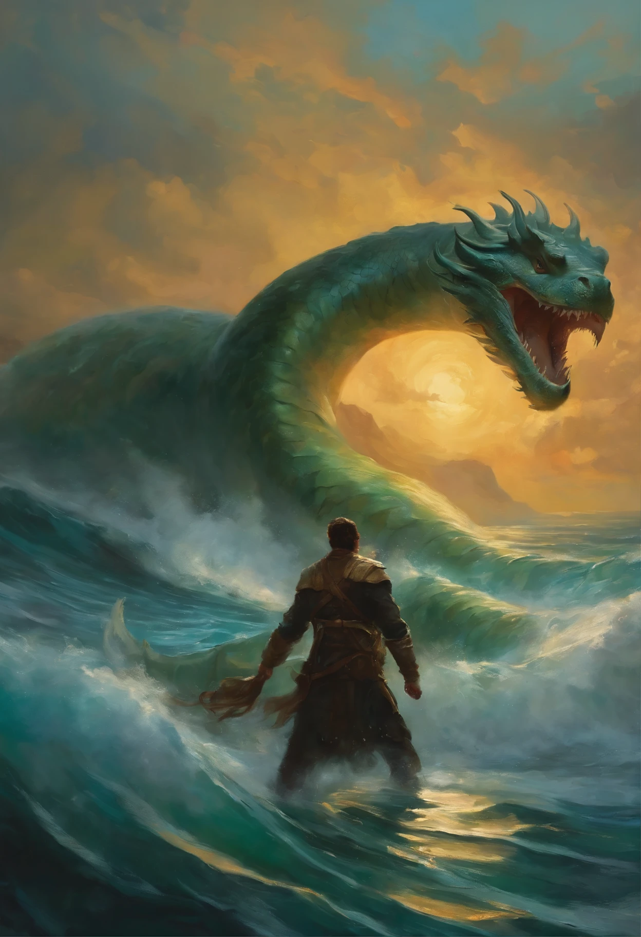 An impressionist painting of a hero fighting with a serpent sea monster in the distance 