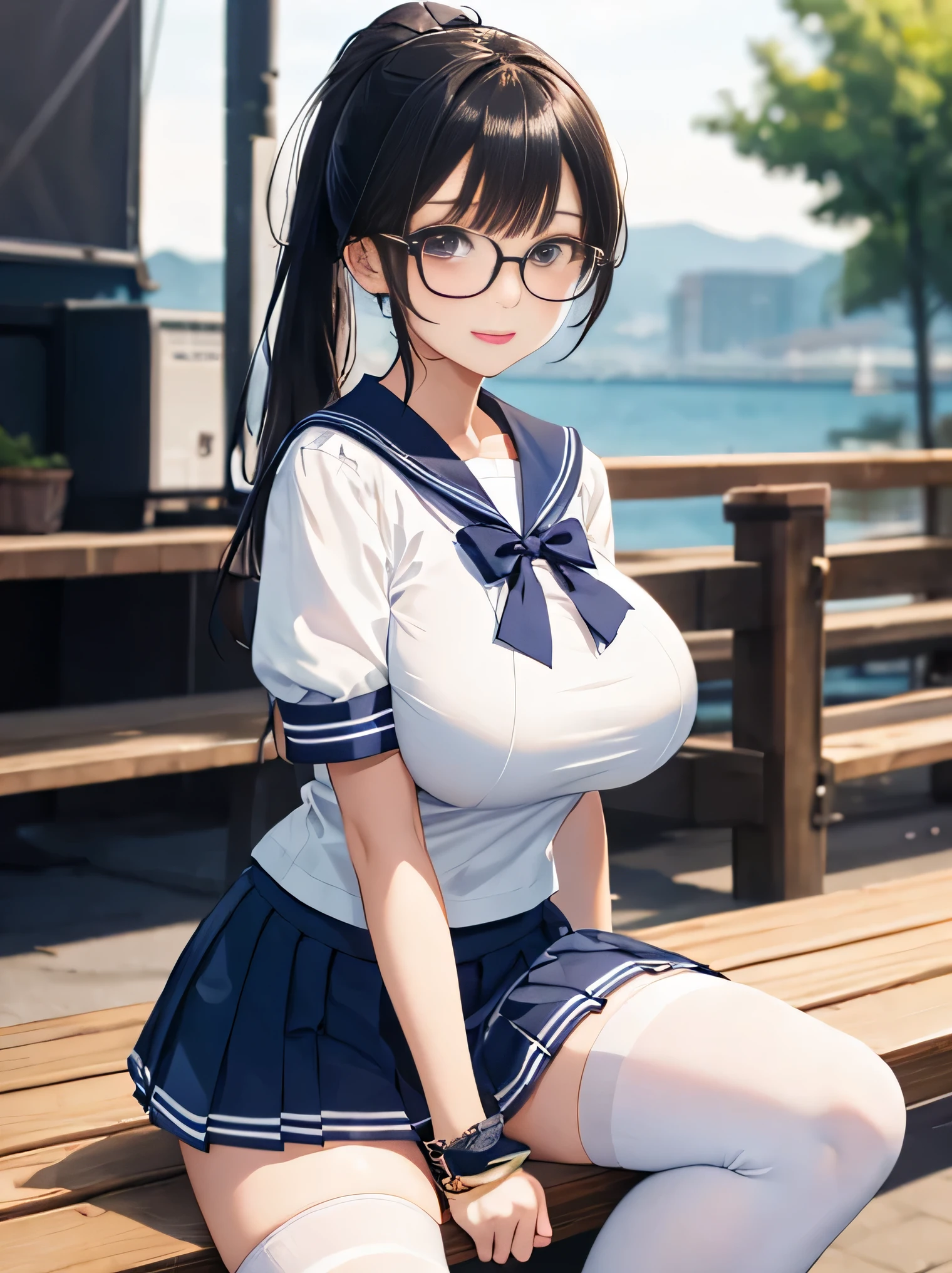 highest quality、High resolution、8K、cute beauty、detailed background、beautiful and detailed face、beautiful and smooth skin、skin texture、Beautiful age girl、(5 women)、(big breasts:1.4)、sexual expression、Cute character wearing a sailor suit.。Uniform costume with white sailor collar and ribbon.。dark blue pleated mini skirt、Cute colored knee high socks、Cute Ponytail、cute glasses、sleeveless、
Each character comes with a different colorful accessory.。sexy pose、outdoor stage、panty shot、panty shot