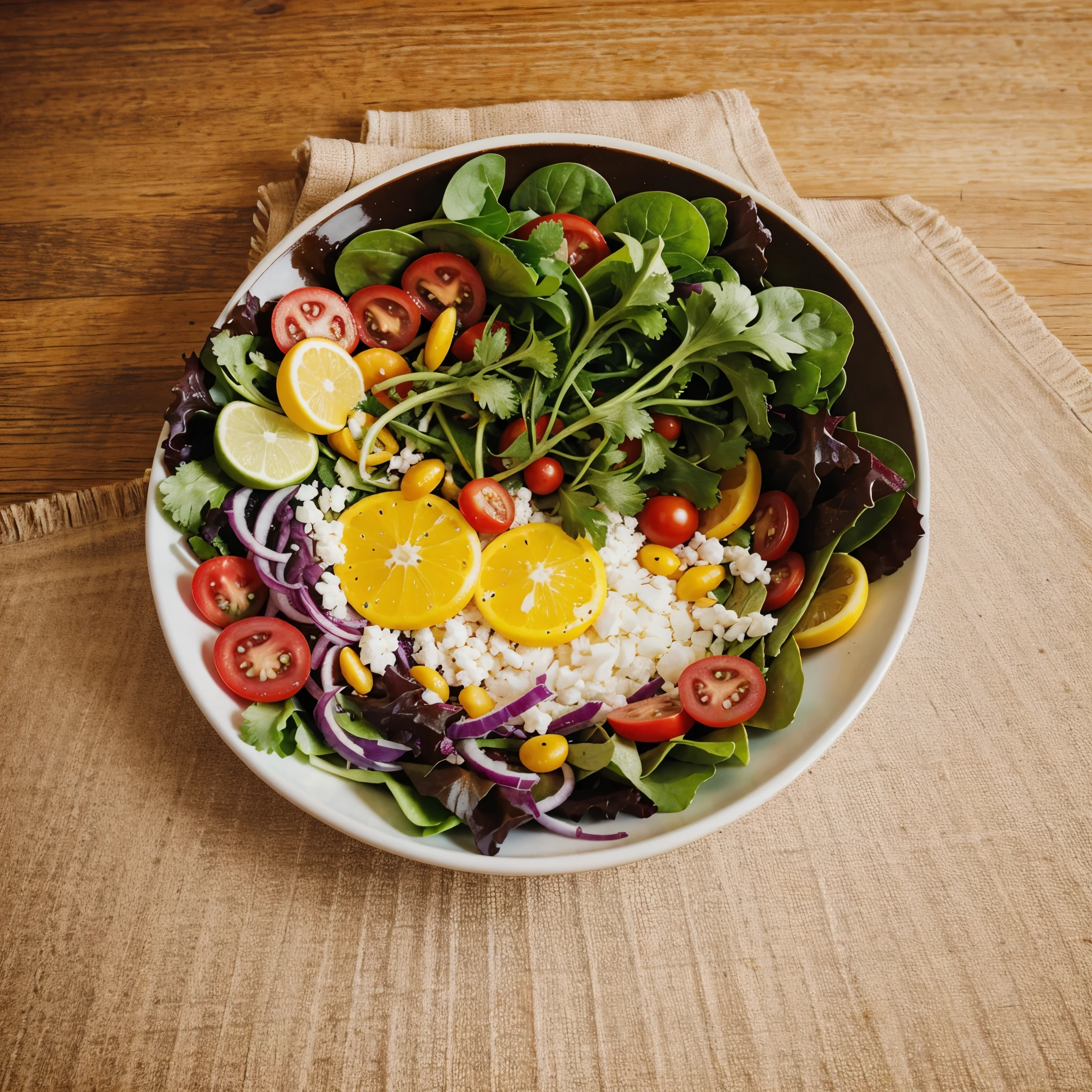Generate a realistic, high-quality image of a salad plate from above, with a visual style optimized for advertising. The image should highlight the freshness and variety of ingredients. include an attractive composition, with vibrant colors and lighting that highlights the details of the dish. The image must be appetizing and inviting to be used for advertising healthy foods. Include a variety of fresh vegetables and other healthy ingredients., cinematic, photo