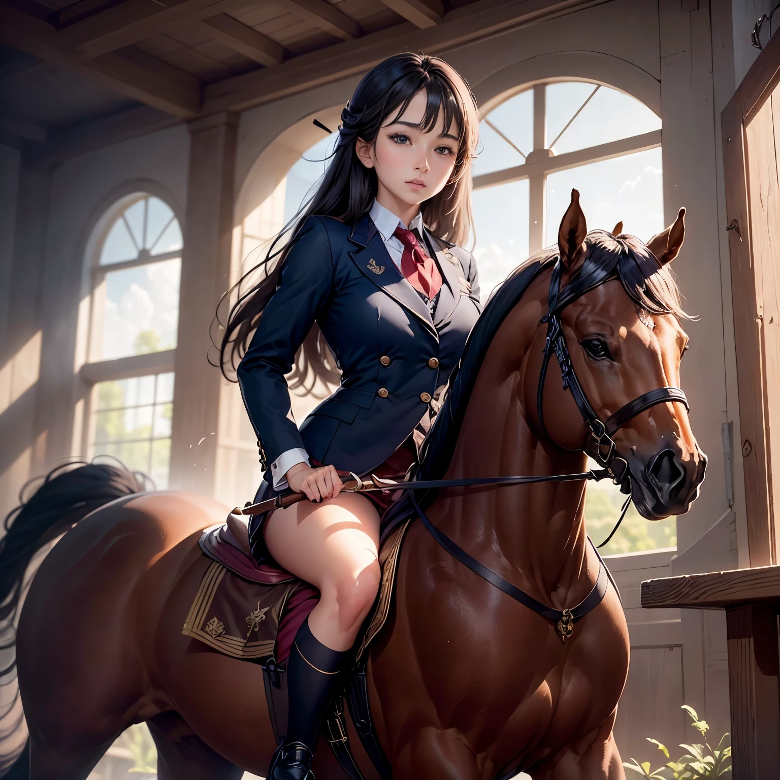 retina, table top, Accurate, ((anatomically correct)), rough skin, Super detailed, advanced details, high quality, award-winning, 最high quality, High resolution, 8K,British equestrian of female aristocracy、dynamism,powerful,(Overcoming obstacles on horseback),a classy woman,Beauty aristocracy,Equestrian School Uniforms,cute,Students and Female Teachers、Riding a horse with the reins in your hands、Feeling of sprinting、Running horses,(Horseback riding exercises),detailed face、Horse riding practice,Field Stadium、Diagram viewed diagonally from above、