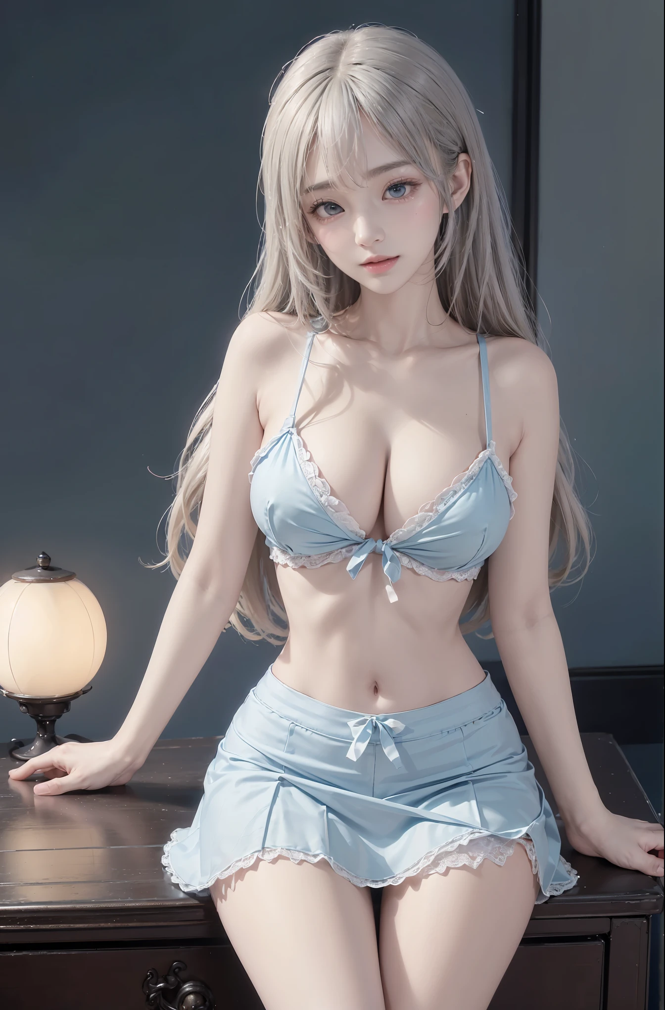 Special clothes44,lace trim,midriff,shirt,miniskirt, (knee shot), (Surrealism), (illustration), (Resolution enhancement), (8k), (Very detailed), (Best illustration), (beautiful and delicate eyes), (best quality), (super detailed), (masterpiece ), ( wallpaper), (Detailed face),one blonde, curls,(High top fade in and out:1.3), (Smile brightly, bright look), dark theme, soothing tone, pastel colors, high contrast, (natural skin texture, Surrealism主义, soft light, impatient),exposure blending, medium shot, Bokeh, (human development report:1.4), high contrast, (Movie, teal and orange:0.85), (pastel colors, fade, soothing tone:1.3), high saturation, (super detailed:1.2),(big breasts :1.2)