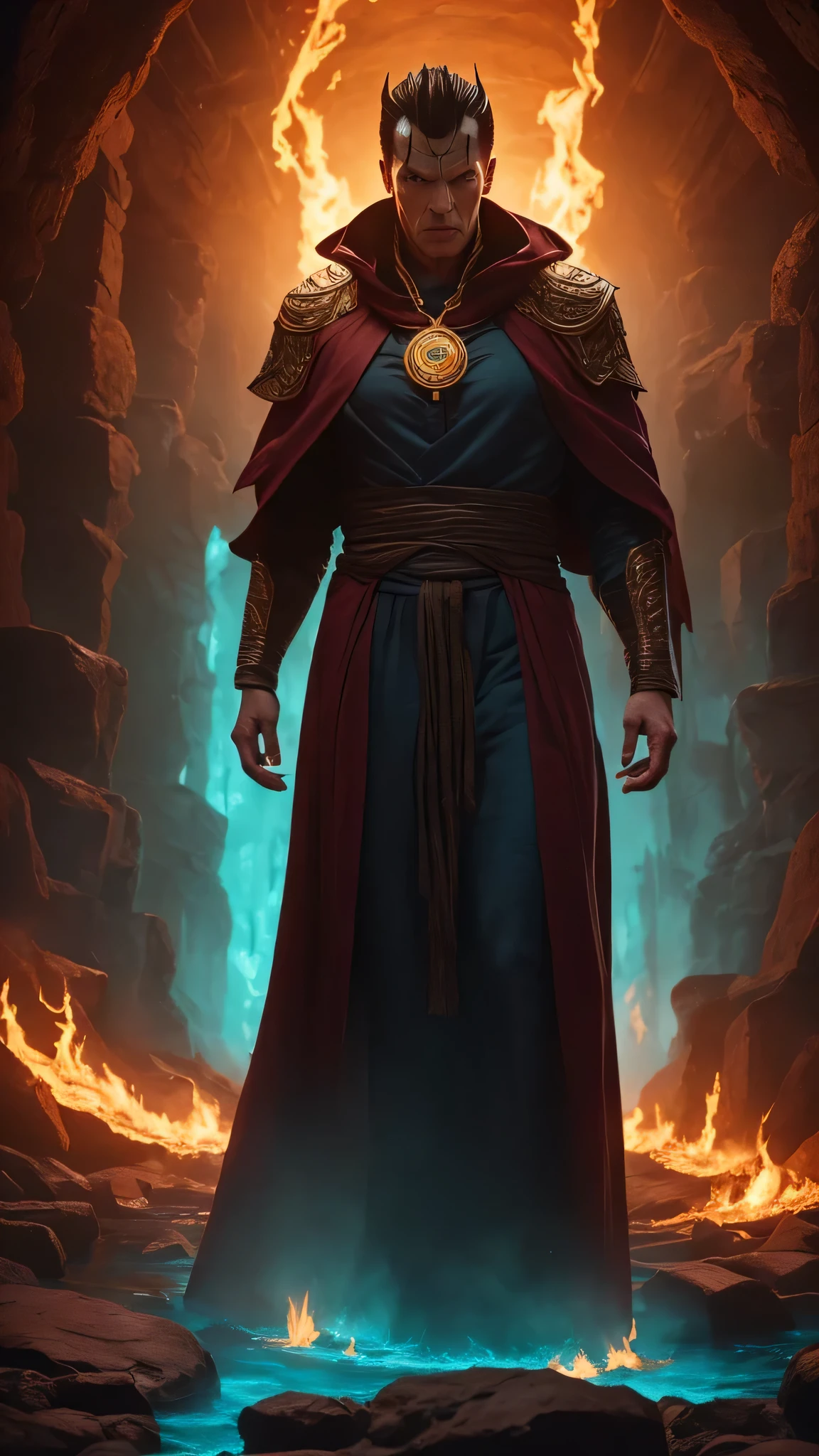 Aidan Gillen as Shinnok from Mortal Kombat, 1man, solo, ((mummy)), (((maroon hennin))), (((pale white skin))), (dark turquoise robe with intricate golden patterns), (amulet), a river of burning lava, burned bones lying everywhere, intricate, high detail, sharp focus, dramatic, photorealistic painting art by greg rutkowski