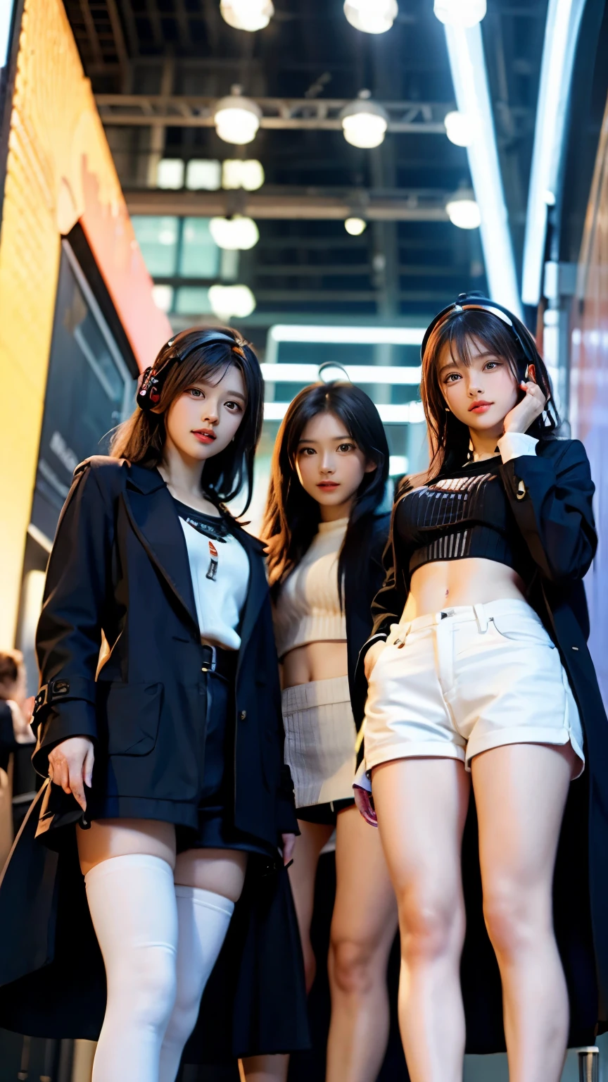 Carrot、Supermodel、Perfect build、Muchimuchi、Three girls are looking at the viewer、 3 girls、、Thighhighs、beautiful feet、hot pants、coat、cyber punk、headphone、Seen by girls from below、Innocent face、look of contempt、look down on