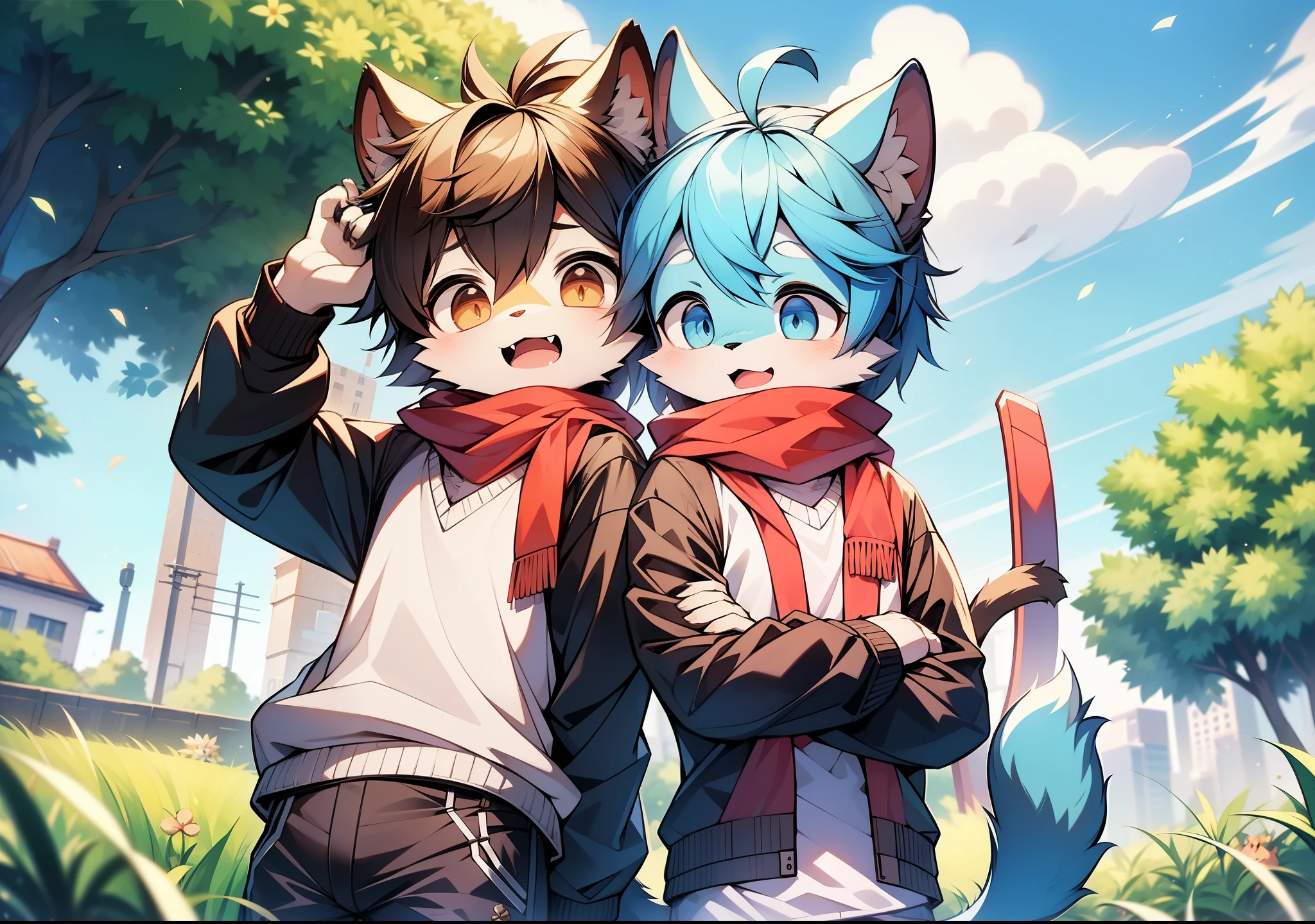 field,garden,Adhesive bandage,short hair,blond,ahoge,Bell,earphone,lower body,child,hairy,cat ears,open mouth,cloud,sky,sky空,sun,在夏sky,No spots,Cubs,Blue hairs everywhere,Blue fur everywhere,cat ears,Cat type,Big fluffy tail,masterpiece,high quality portraits,doll,Cubs,beard,Solitary child boy,wind,pose,full shot,sky蓝色外套,gray shorts,scarf,white shirt,Super cute face