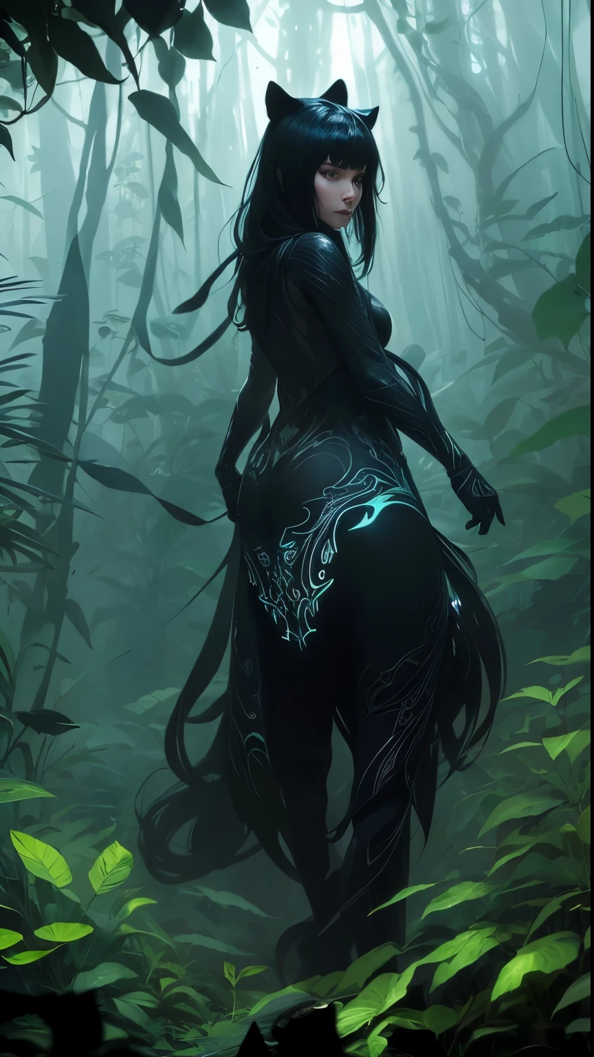 A mysterious figure with black hair, a beautiful lady with panther like movement, stealthily making her way through the dense jungle underbrush at night. The only source of light comes from the glowing bioluminescence of moths and butterflies, creating an otherworldly atmosphere. The jungle path ahead is barely visible, illuminated only by the faint crescent moon in the sky. The level of detail and realism in this image, rendered in stunning 8k resolution, will leave you in awe.,Masterpiece,photorealistic,photo of perfecteyes eyes,perfect,hand