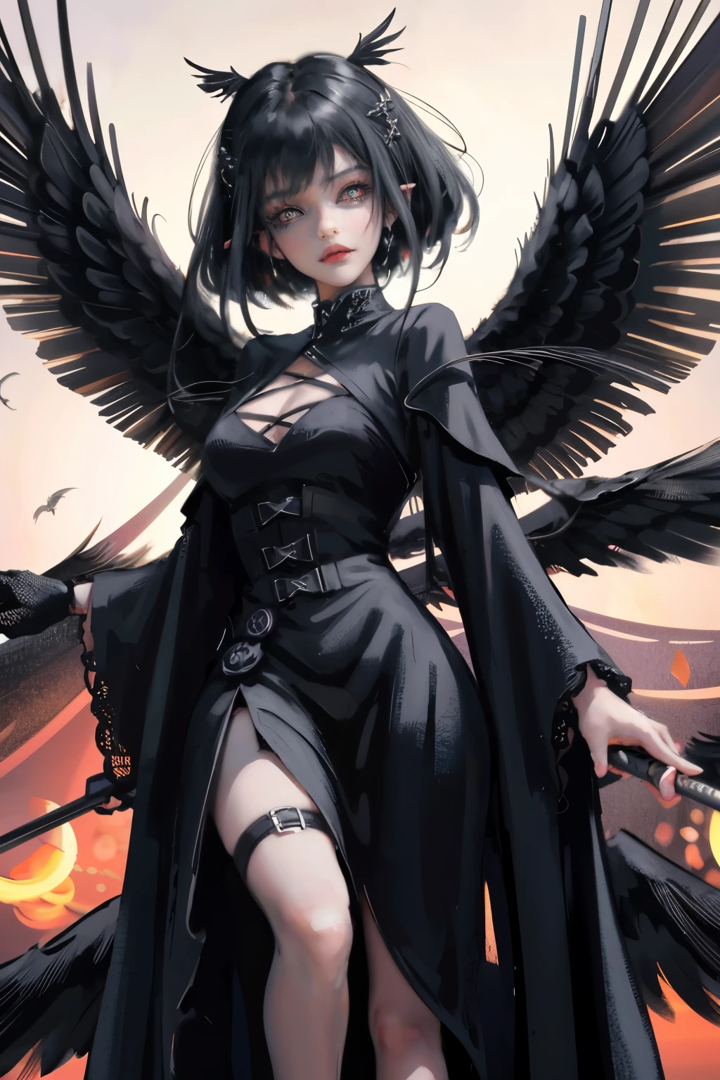 Anime-style image，woman wearing black dress, dark feathered wings, bladed wings lace wear, Anime girl wearing black dress, black wings instead of arms, Villain has black angel wings, Astral Witch Clothes, fantasy costumes, has black wings, dark star dress, Wings Black Lace Outfit, crow angel wings, Wearing a feather dress
