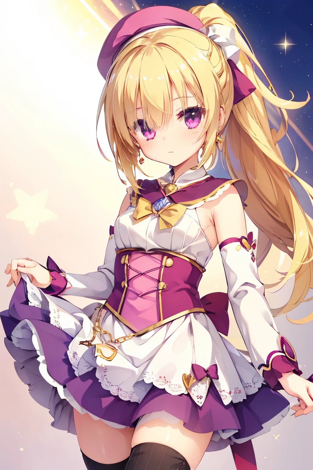 ,young girl,(lift up the skirt),shy,small breasts,blonde,hair above one eye,ponytail,pink eyes,tights, ((magical girl costume)),gold ornaments,Detached sleeves,beret,ribbon,heart earrings,Striped socks,(masterpiece,Highest image quality,best quality)