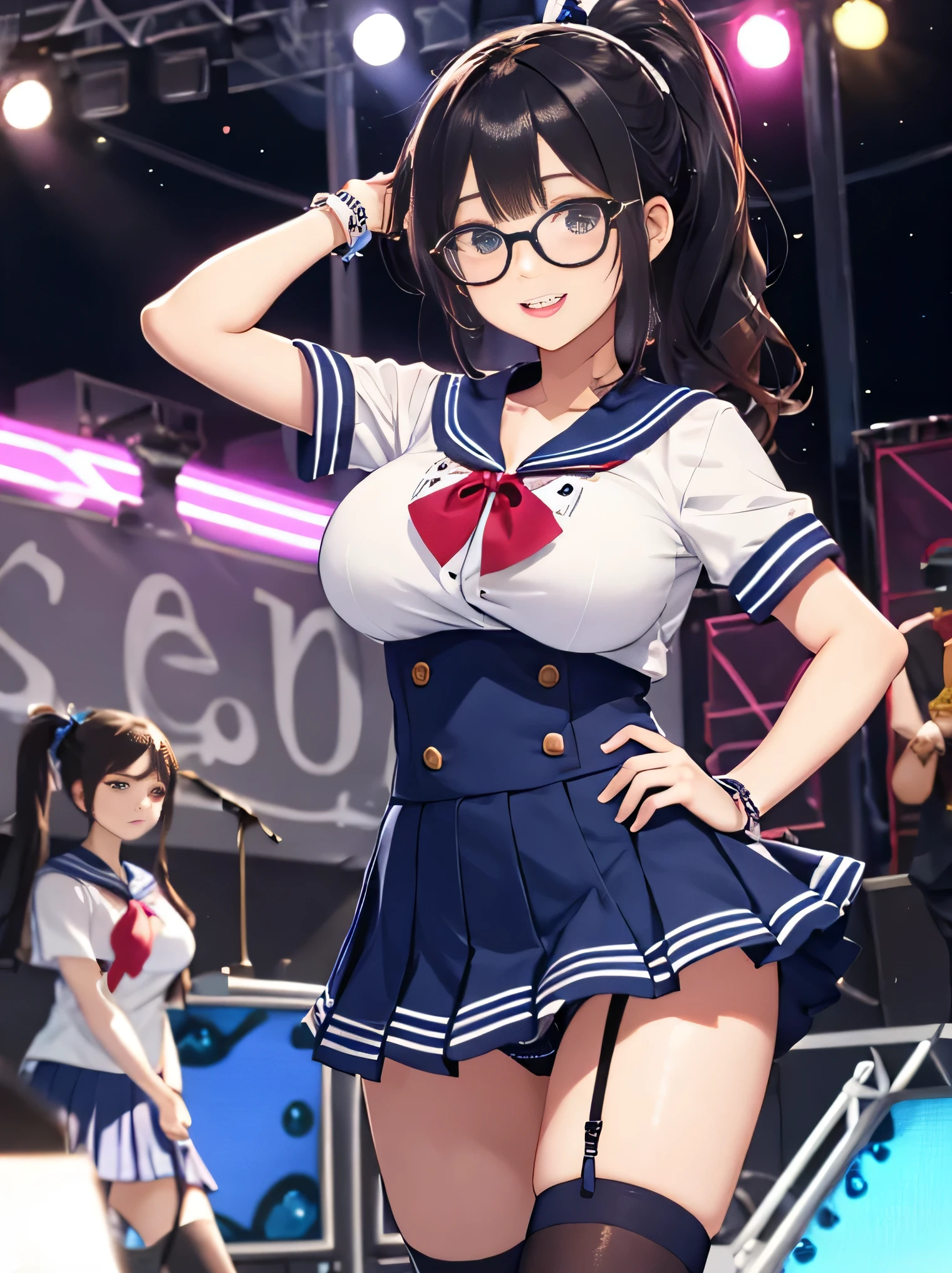 highest quality、High resolution、8K、cute beauty、detailed background、beautiful and detailed face、beautiful and smooth skin、skin texture、Beautiful age girl、(5 women)、(big breasts:1.4)、sexual expression、Cute character wearing a sailor suit.。Uniform costume with white sailor collar and ribbon.。dark blue pleated mini skirt、Cute colored knee high socks、Cute Ponytail、cute glasses、sleeveless、
Each character comes with a different colorful accessory.。sexy pose、outdoor stage、panty shot、panty shot