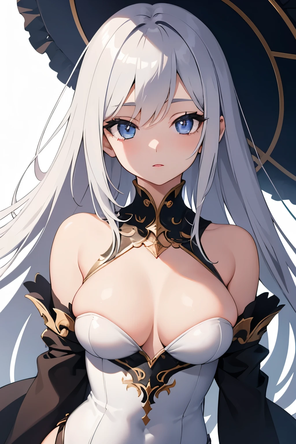 1girl, anime, cute girl, blank background, white background, fantasy, detailed dark fantasy dress with highlights, beautiful face, beautiful eyes, dark colors, silver hair, slightly small breasts, slight cleavage, beautiful skin, cute, breast curtains, extremely delicate and beautiful, (beautiful detailed face:1.0), (detailed deep eyes), symmetrical breasts, deep eyes, shiny skin, portrait, slender waist, hips wider than shoulders, thighs, young girl, expressionless, luminous eyes