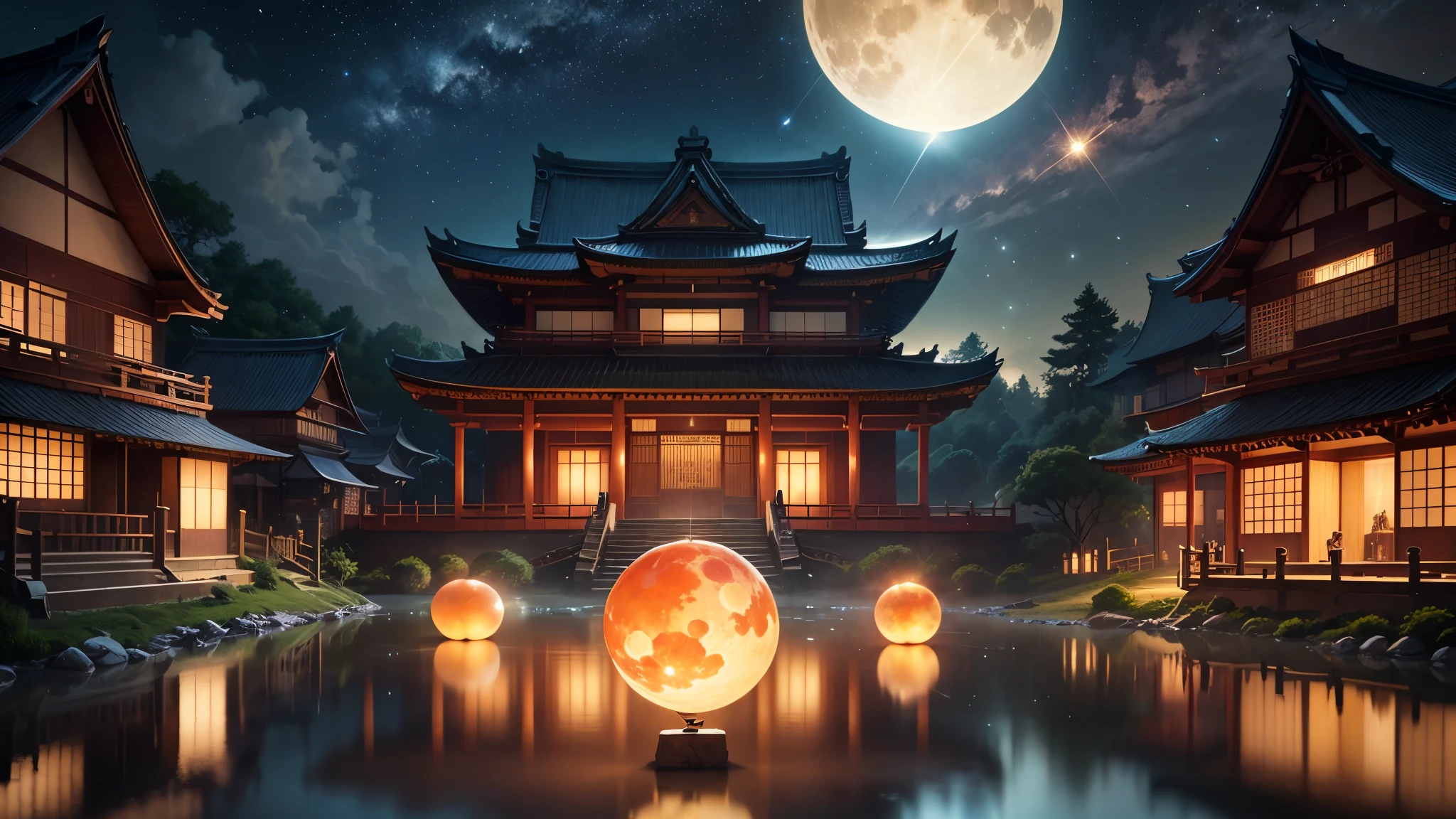((((masterpiece))), (((highest quality))), Ancient Japanese architecture poster on full moon background, positive vision super full moon, chinese loft, lake, reflection, reflection, fantasy art, architecture background huge full moon, flying lanterns, Kong Minh Lantern, mid autumn festival, Meteors, Meteors, Meteor Star, fire Fly, Little ball of light, sphere, wonderful, particles of light, star shower,