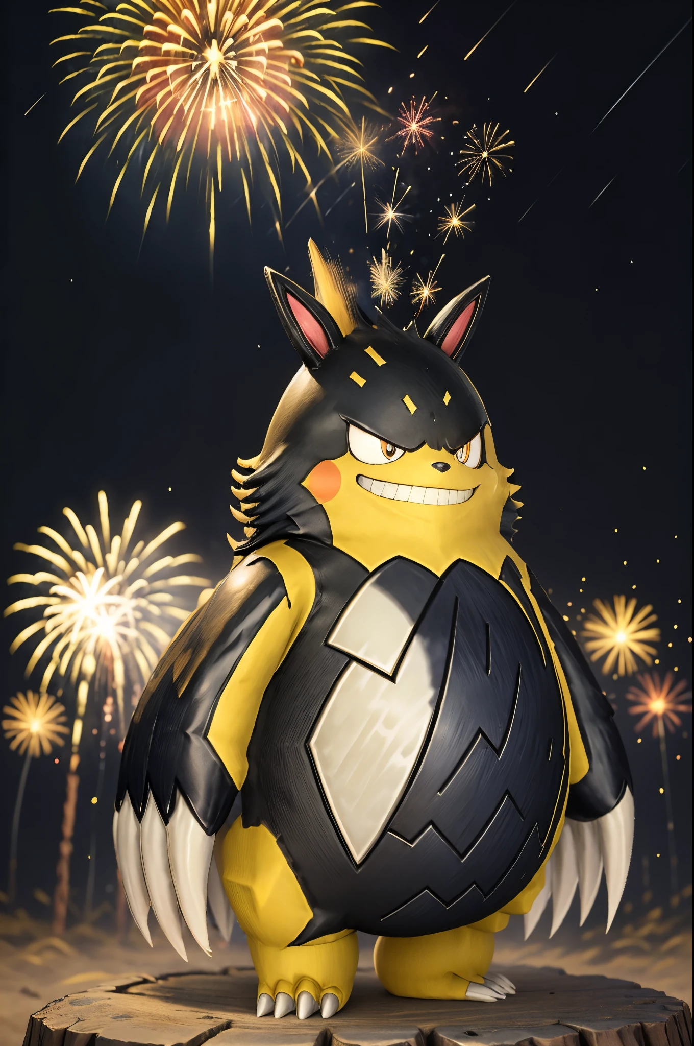 baodianxiong,full body,grin,looking at viewer,no humans,pokemon \(creature\),simple background,smile,solo,standing,stars in the eyes, messy floating hair, colored inner hair, Starry sky adorns hair, (lots of big colorful Bubble), (pearl), (Galaxy), depth of field, dynamic angle, finely detail, (bloom), (shine), glinting stars, ((((best detailed fireworks)))), ((((depth of field)))), (((hanabi))),(((backlight))),