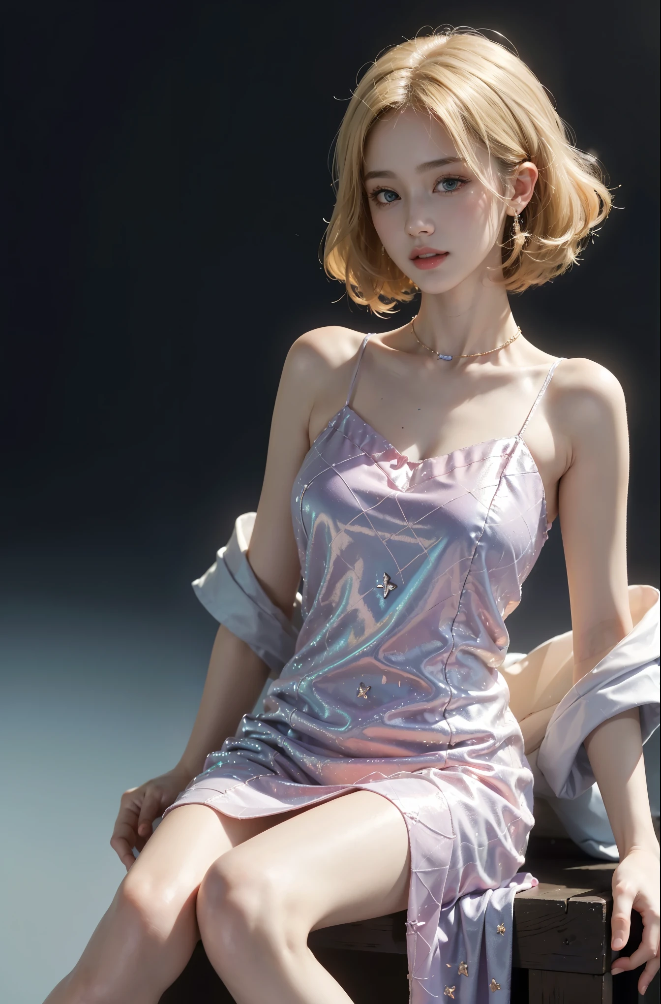 Special clothes57,dress,  (full body), (Surrealism), (illustration), (Resolution enhancement), (8k), (Very detailed), (Best illustration), (beautiful and delicate eyes), (best quality), (super detailed), (masterpiece ), ( wallpaper), (Detailed face),one blonde, curls,(High top fade in and out:1.3), (Smile brightly, bright look), dark theme, soothing tone, pastel colors, high contrast, (natural skin texture, Surrealism主义, soft light, impatient),exposure blending, medium shot, Bokeh, (human development report:1.4), high contrast, (Movie, teal and orange:0.85), (pastel colors, fade, soothing tone:1.3), high saturation, (super detailed:1.2),(big breasts :1.2)