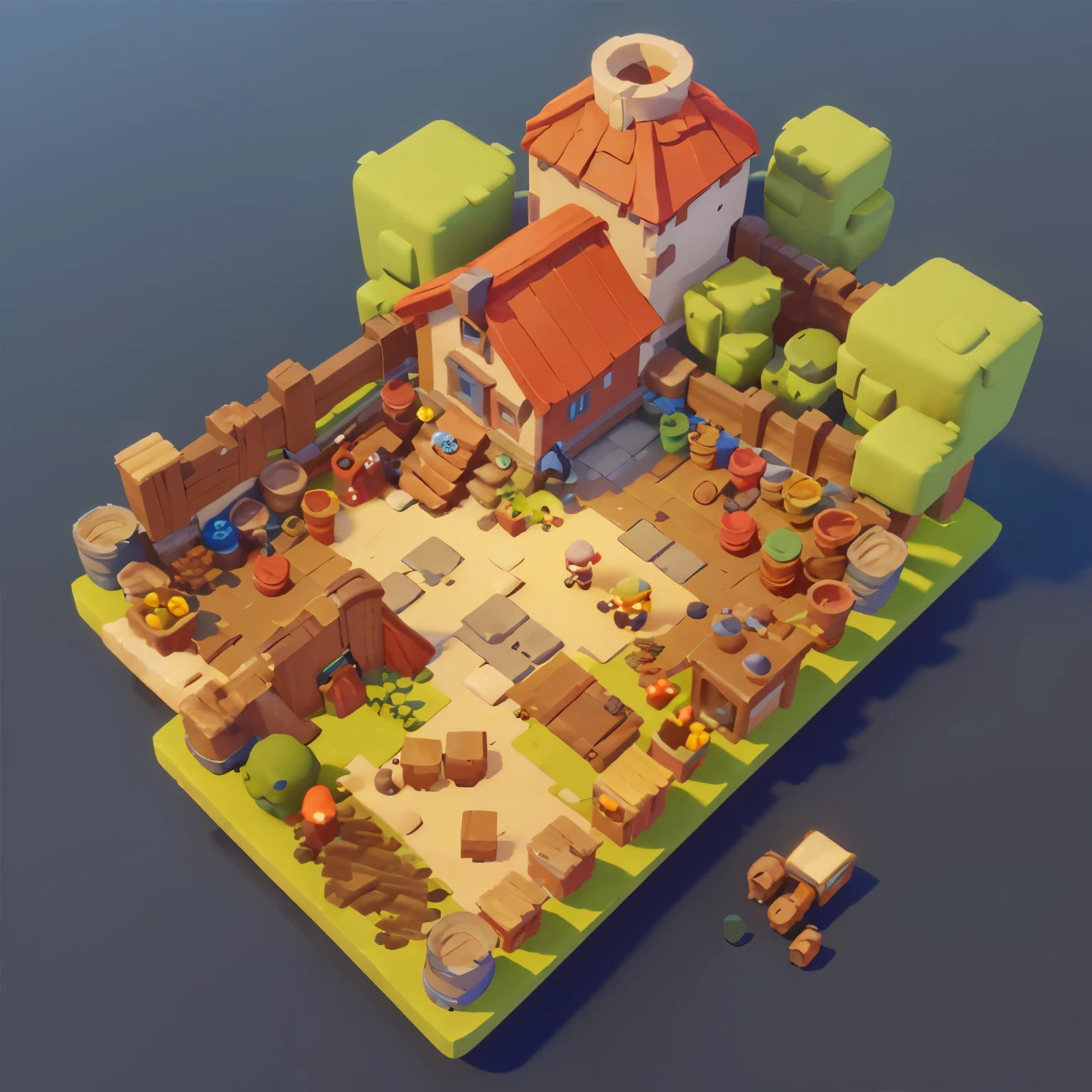 45 degrees top-down,Game architectural design, Cartoonish,Colors are vivid,farm barn,Cartoon image of farm,Farm warehouse,casual game style, masterpiece,Super details,best quality,Reference everdale game style