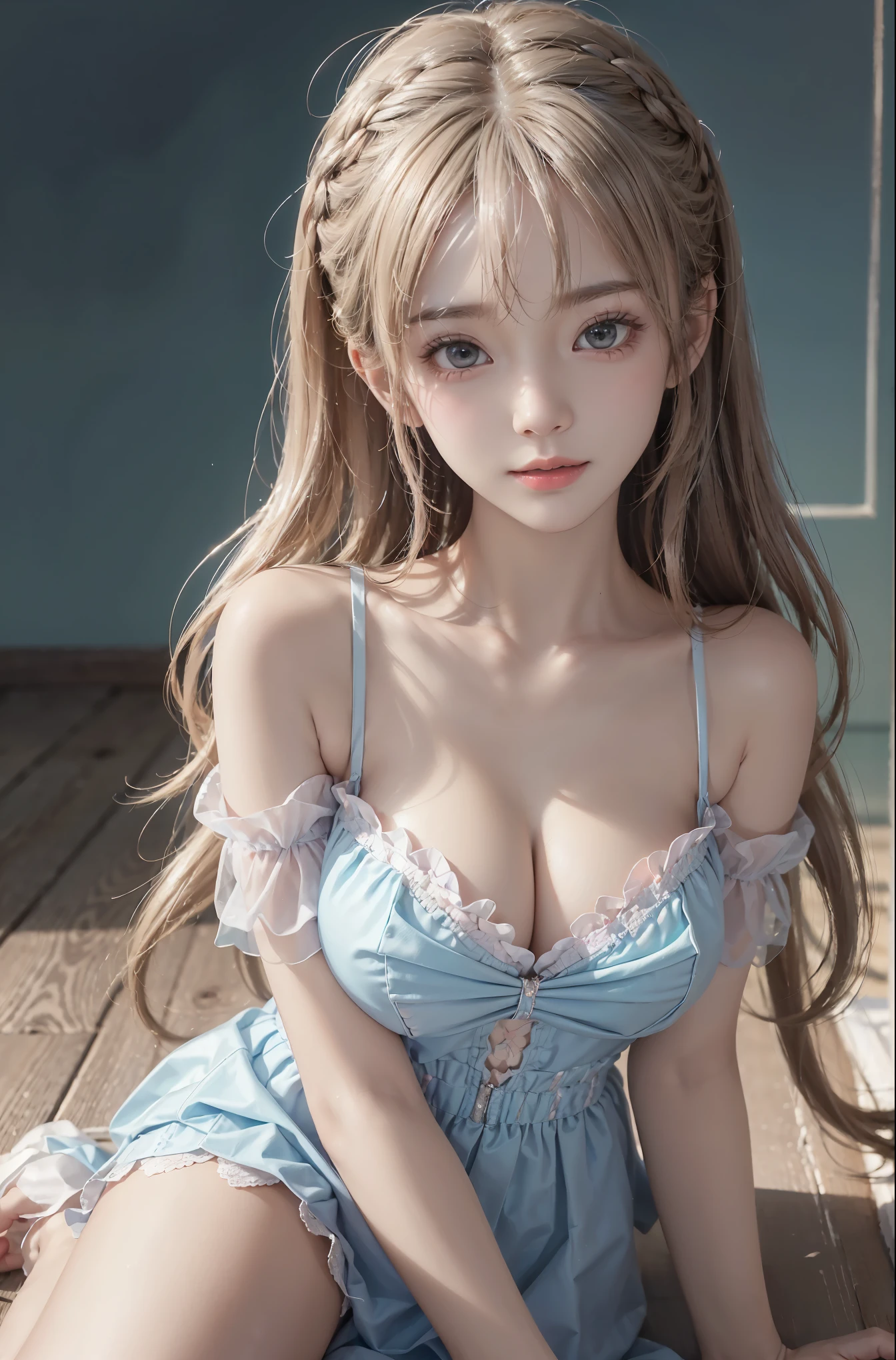 Sweet girl clothes7,skirt, (knee shot), (Surrealism), (illustration), (Resolution enhancement), (8k), (Very detailed), (Best illustration), (beautiful and delicate eyes), (best quality), (super detailed), (masterpiece ), ( wallpaper), (Detailed face),one blonde, curls,(High top fade in and out:1.3), (Smile brightly, bright look), dark theme, soothing tone, pastel colors, high contrast, (natural skin texture, Surrealism主义, soft light, impatient),exposure blending, medium shot, Bokeh, (human development report:1.4), high contrast, (Movie, teal and orange:0.85), (pastel colors, fade, soothing tone:1.3), high saturation, (super detailed:1.2),(big breasts :1.2)