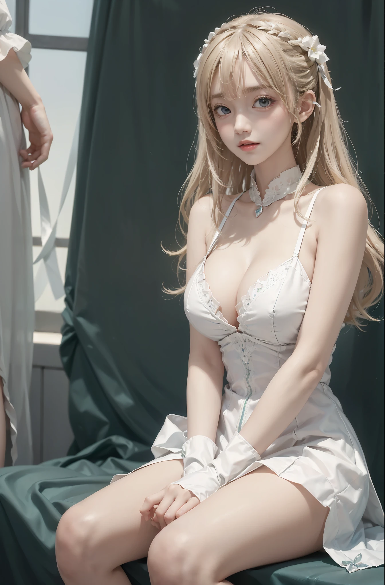 Special clothes58,white dress,pantyhose,green ribbon,striped,, (knee shot), (Surrealism), (illustration), (Resolution enhancement), (8k), (Very detailed), (Best illustration), (beautiful and delicate eyes), (best quality), (super detailed), (masterpiece ), ( wallpaper), (Detailed face),one blonde, curls,(High top fade in and out:1.3), (Smile brightly, bright look), dark theme, soothing tone, pastel colors, high contrast, (natural skin texture, Surrealism主义, soft light, impatient),exposure blending, medium shot, Bokeh, (human development report:1.4), high contrast, (Movie, teal and orange:0.85), (pastel colors, fade, soothing tone:1.3), high saturation, (super detailed:1.2),(big breasts :1.2)