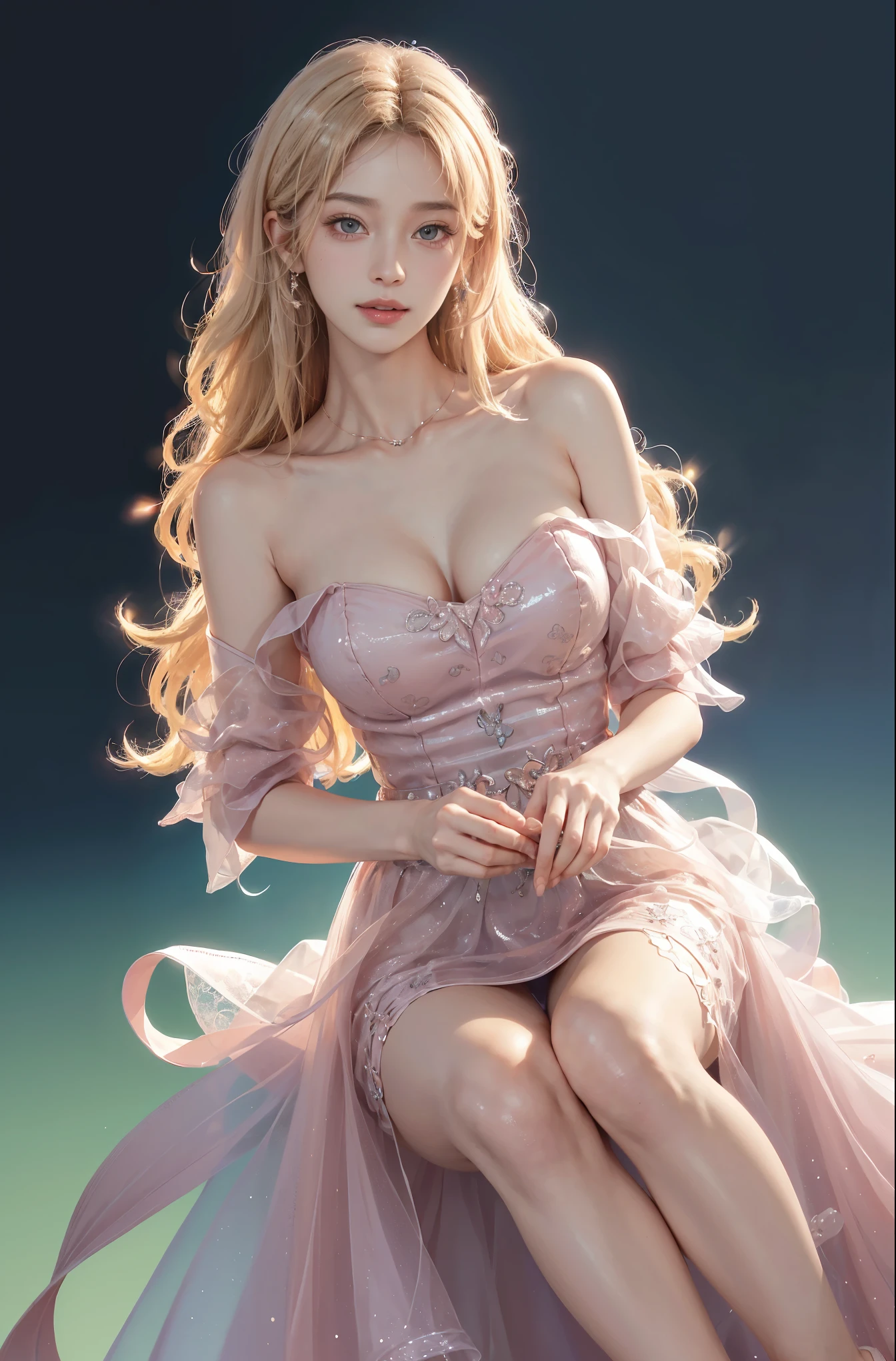 dress,  (full body), (Surrealism), (illustration), (Resolution enhancement), (8k), (Very detailed), (Best illustration), (beautiful and delicate eyes), (best quality), (super detailed), (masterpiece ), ( wallpaper), (Detailed face),one blonde, curls,(High top fade in and out:1.3), (Smile brightly, bright look), dark theme, soothing tone, pastel colors, high contrast, (natural skin texture, Surrealism主义, soft light, impatient),exposure blending, medium shot, Bokeh, (human development report:1.4), high contrast, (Movie, teal and orange:0.85), (pastel colors, fade, soothing tone:1.3), high saturation, (super detailed:1.2),(big breasts :1.2)