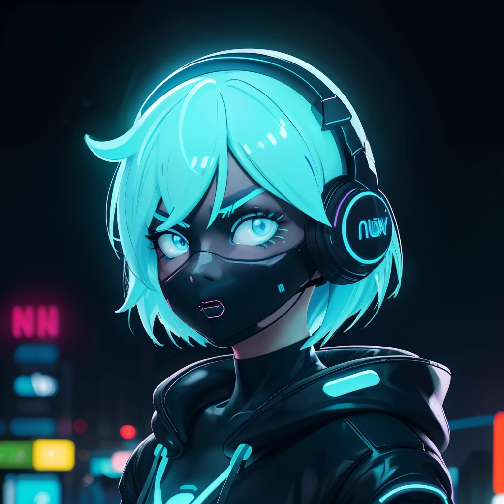 (frontal view, facing viewer:1.2), centered, masterpiece, face portrait, | 1girl, solo, aqua hair color, short hairstyle, light blue eyes, | (neon wireless headphones headset:1.2), (black neon futuristic mouth mask:1.2), dark blue hoodie, | futuristic city lights, sunset, buildings, urban scenery, neon lights | bokeh, depth of field,
