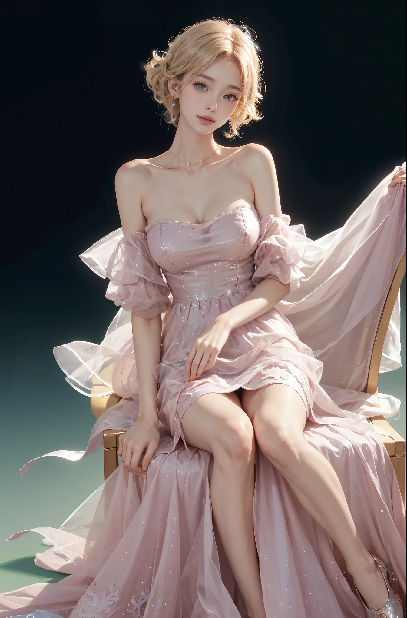 dress,  (full body), (Surrealism), (illustration), (Resolution enhancement), (8k), (Very detailed), (Best illustration), (beautiful and delicate eyes), (best quality), (super detailed), (masterpiece ), ( wallpaper), (Detailed face),one blonde, curls,(High top fade in and out:1.3), (Smile brightly, bright look), dark theme, soothing tone, pastel colors, high contrast, (natural skin texture, Surrealism主义, soft light, impatient),exposure blending, medium shot, Bokeh, (human development report:1.4), high contrast, (Movie, teal and orange:0.85), (pastel colors, fade, soothing tone:1.3), high saturation, (super detailed:1.2),(big breasts :1.2)