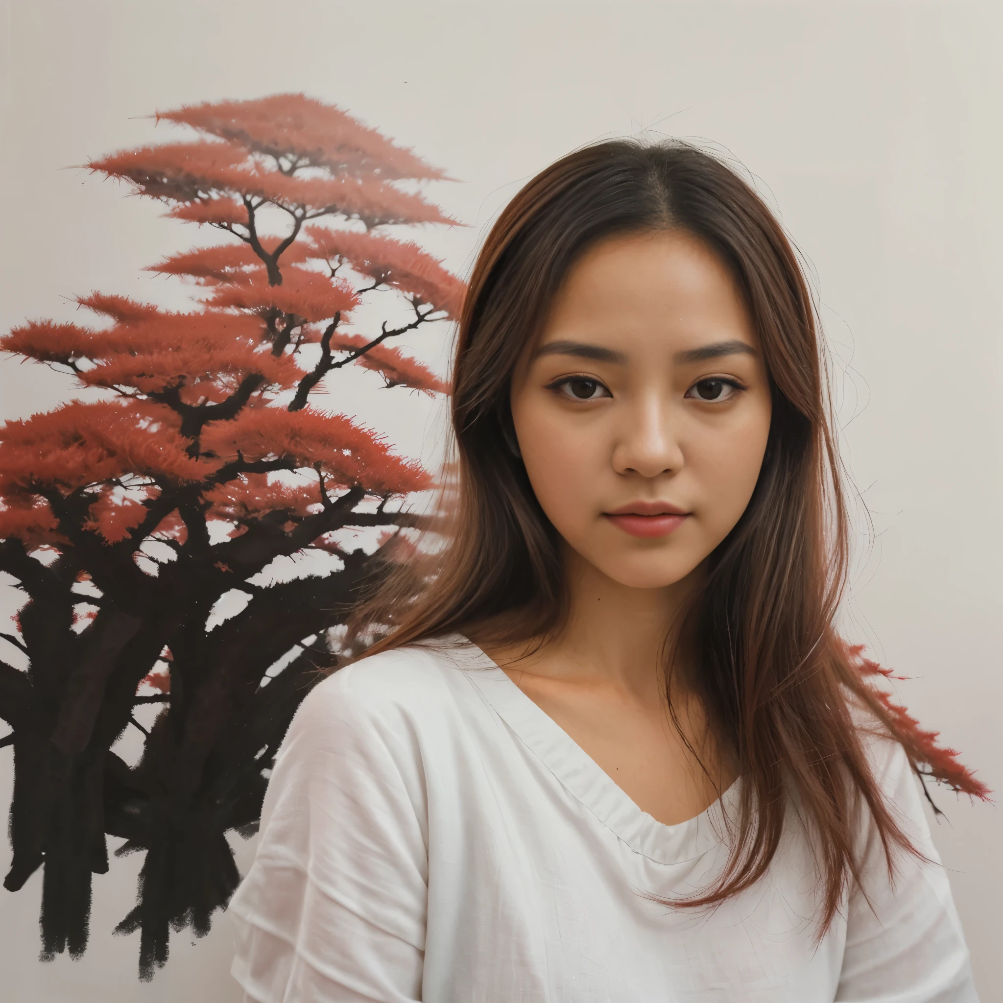 uma garota, cabelo rosa ,olhos roxos, pintura a tinta tradicional chinesa