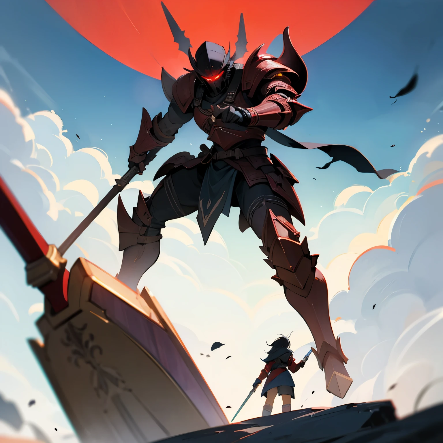 Play a very short young black dwarf man with beautiful red-black armor and using a majestic ax in a mountainous environment