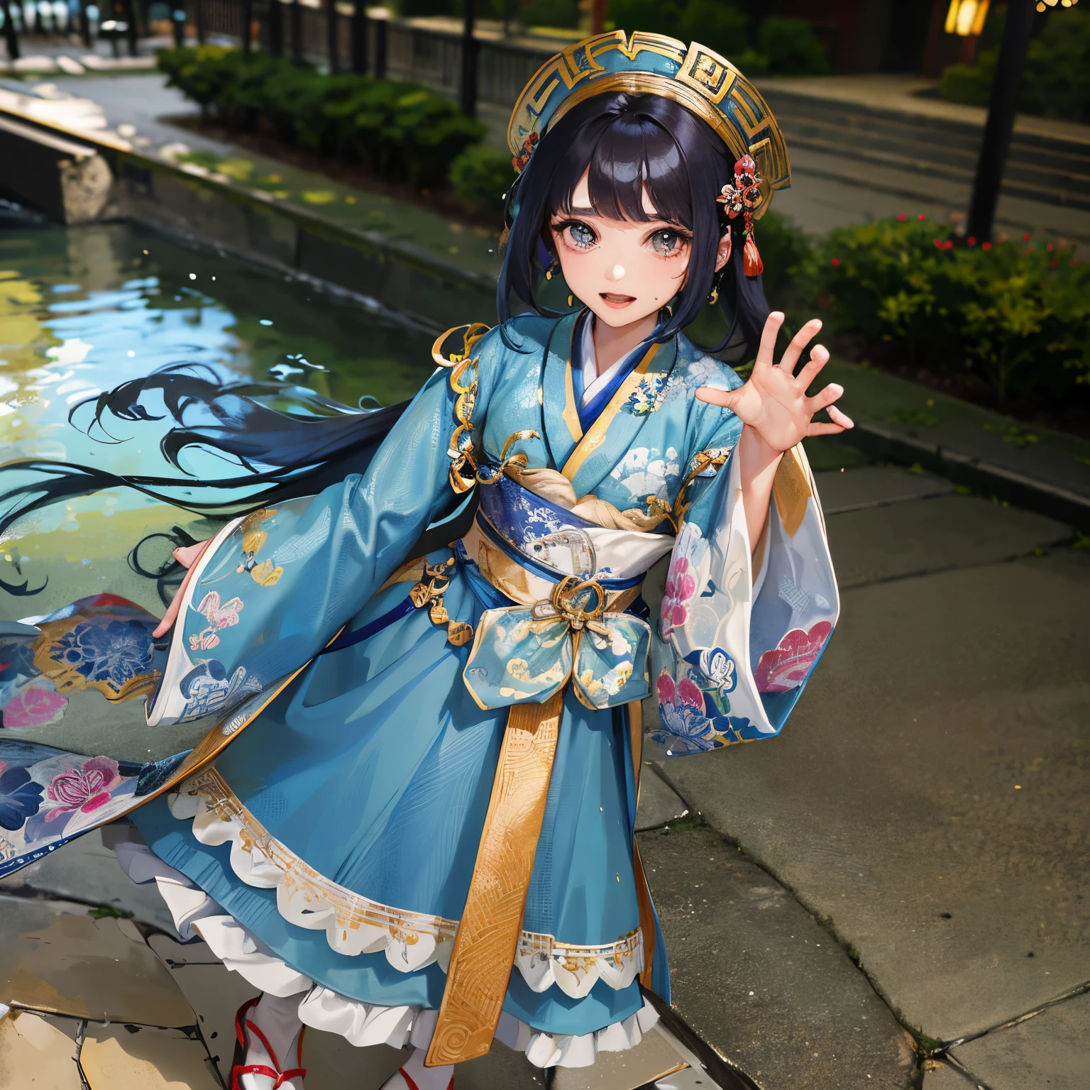 araffe dressed in a blue dress and a hat is walking down the street, with acient chinese clothes, 8k)), palace , a girl in hanfu, trending at cgstation, hanfu, anime girl cosplay, anime cosplay, chinese costume, full body xianxia, high quality costume, kanliu666, trending on cgstation