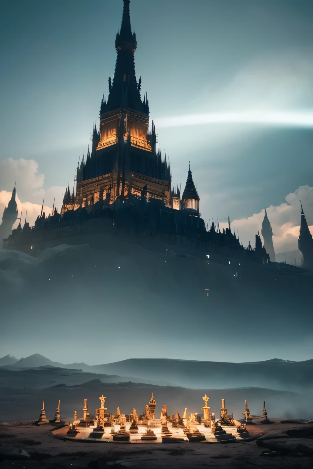 Visualize a grand chessboard where heavenly soldiers and hellish creatures, each piece a unique warrior, engage in an epic battle. The scene is bathed in a radiant light that casts an ethereal glow, highlighting the intricate details of each character. The background features towering structures under a divided sky, adding depth and scale to the scene. Imagine this intense struggle, where every move is a battle and every capture a casualty.Change the lighting setting and color perfectly matched into ambient eerie style of it.