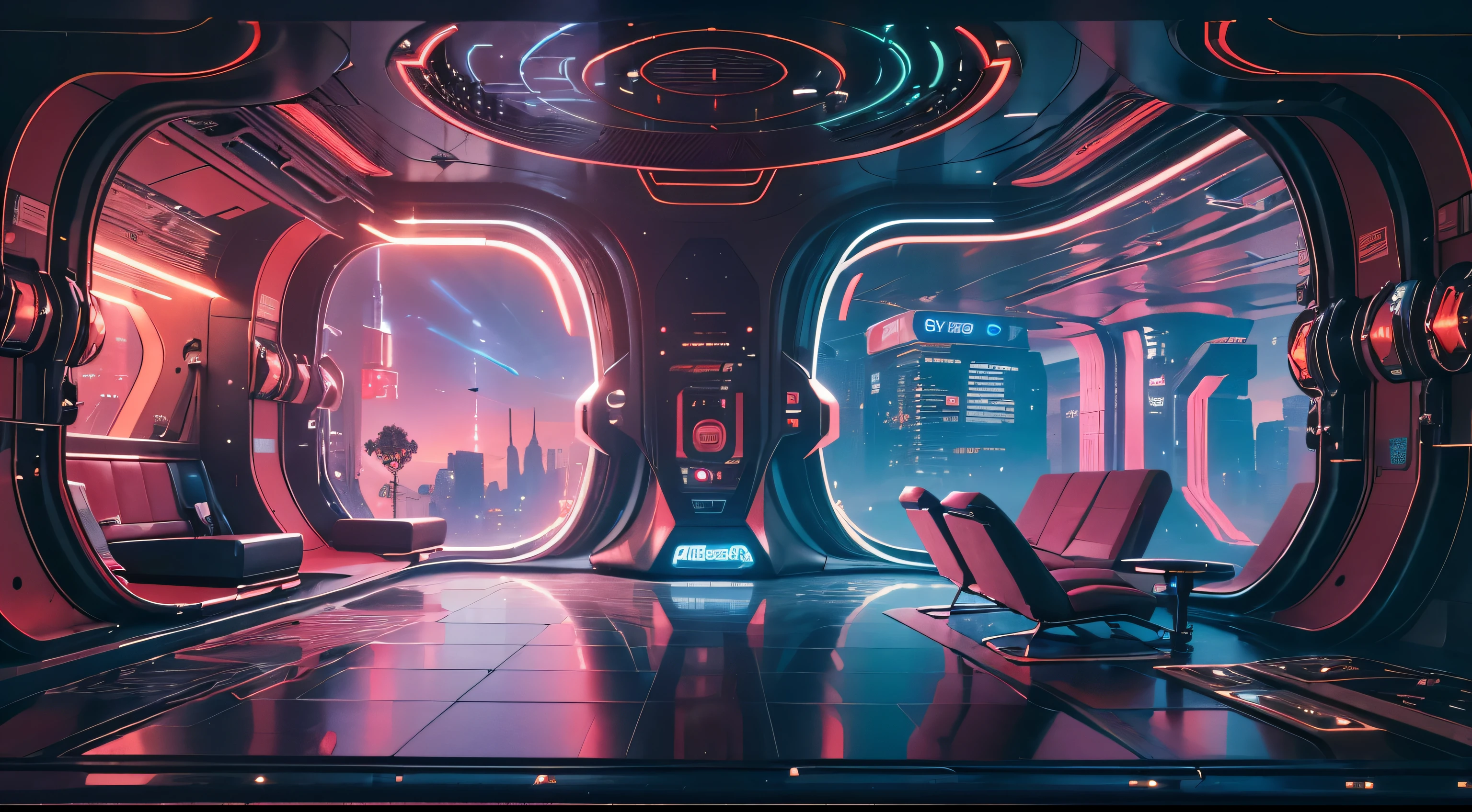 Best image quality, Masterpiece, Ultra-high resolution, (Fidelity:1.4), Photo, Movie, ((cyber punk perssonage)), cyber outfit, Futuristic, ((Award-winning ultra-realistic photos)),(Hyper-detailing),(Complicated details),(High resolution CGI artwork 8k),Futuristic cyberpunk spaceship living room, Futuristic style,There are many colors and LED lights。The spacescape should be very detailed,depth of fields。Create depth with atmospheric lightings。Use atmospheric and volumetric lighting to enhance cityscape detail。The room should be illuminated by the neon lights of the cityscape, Pastel textured colored background, Colourful, vibrant