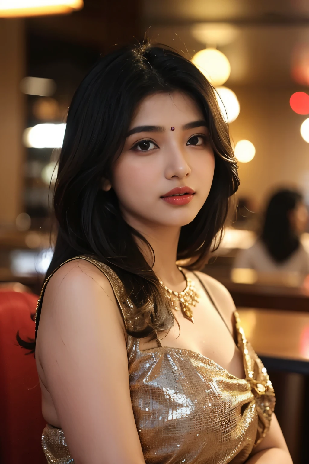(((desi Indian girl))), chubby face, natural skin, wearing hot deep neck top and dupatta, charming black hair, ((hair ends are blonde)), restaurant background, bokeh