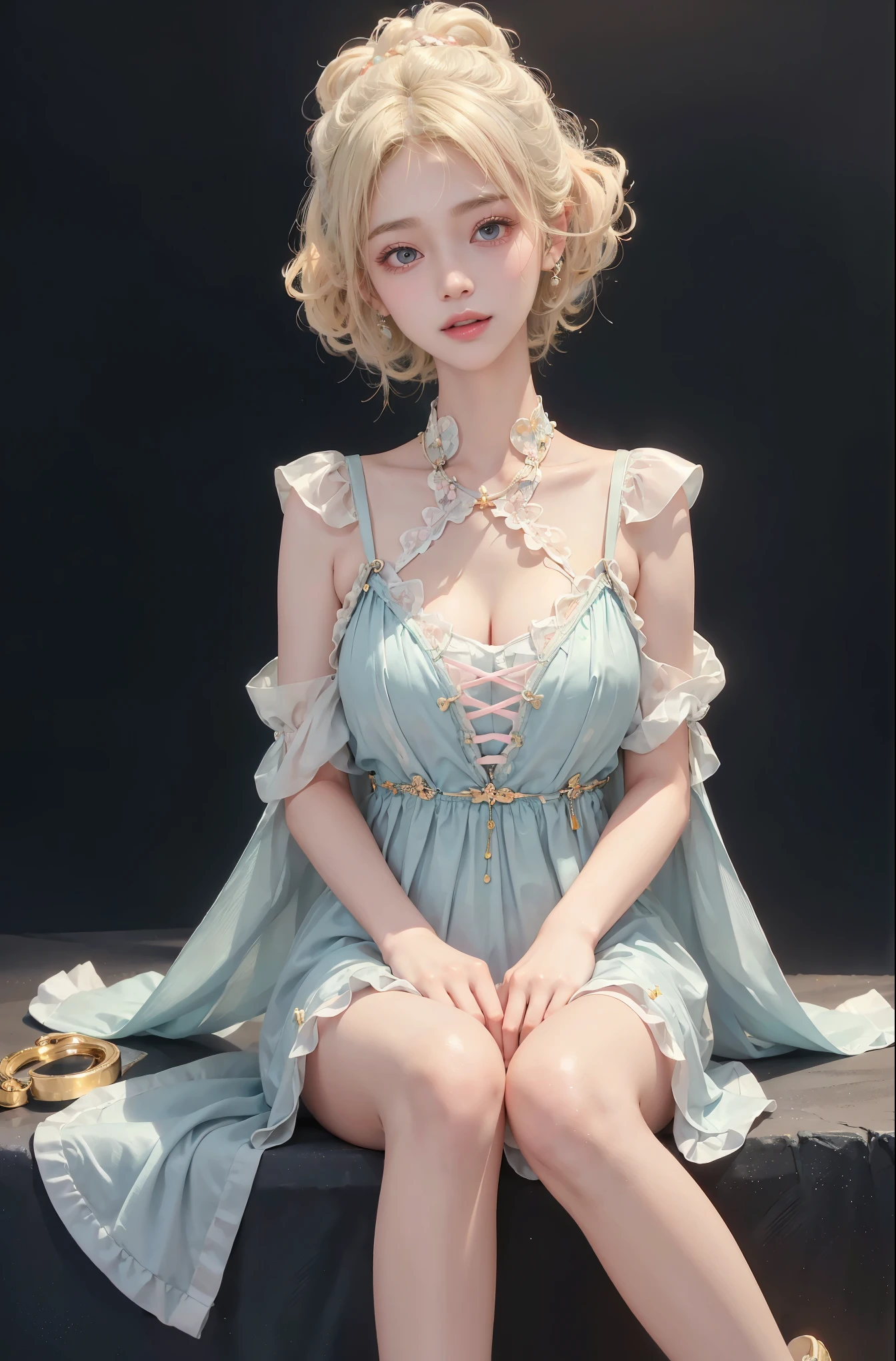 Sweet girl clothes10,korean dress, (full body), (Surrealism), (illustration), (Resolution enhancement), (8k), (Very detailed), (Best illustration), (beautiful and delicate eyes), (best quality), (super detailed), (masterpiece ), ( wallpaper), (Detailed face),one blonde, curls,(High top fade in and out:1.3), (Smile brightly, bright look), dark theme, soothing tone, pastel colors, high contrast, (natural skin texture, Surrealism主义, soft light, impatient),exposure blending, medium shot, Bokeh, (human development report:1.4), high contrast, (Movie, teal and orange:0.85), (pastel colors, fade, soothing tone:1.3), high saturation, (super detailed:1.2),(big breasts :1.2)