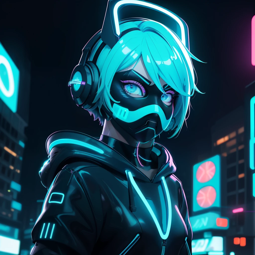 (frontal view, facing viewer:1.2), centered, masterpiece, face portrait, | techno mashroom, solo, aqua hair color, short hairstyle, light blue eyes, | (neon wireless headphones headset:1.2), (black neon futuristic mouth mask:1.2), dark blue hoodie, | futuristic city lights, sunset, buildings, urban scenery, neon lights | bokeh, depth of field,