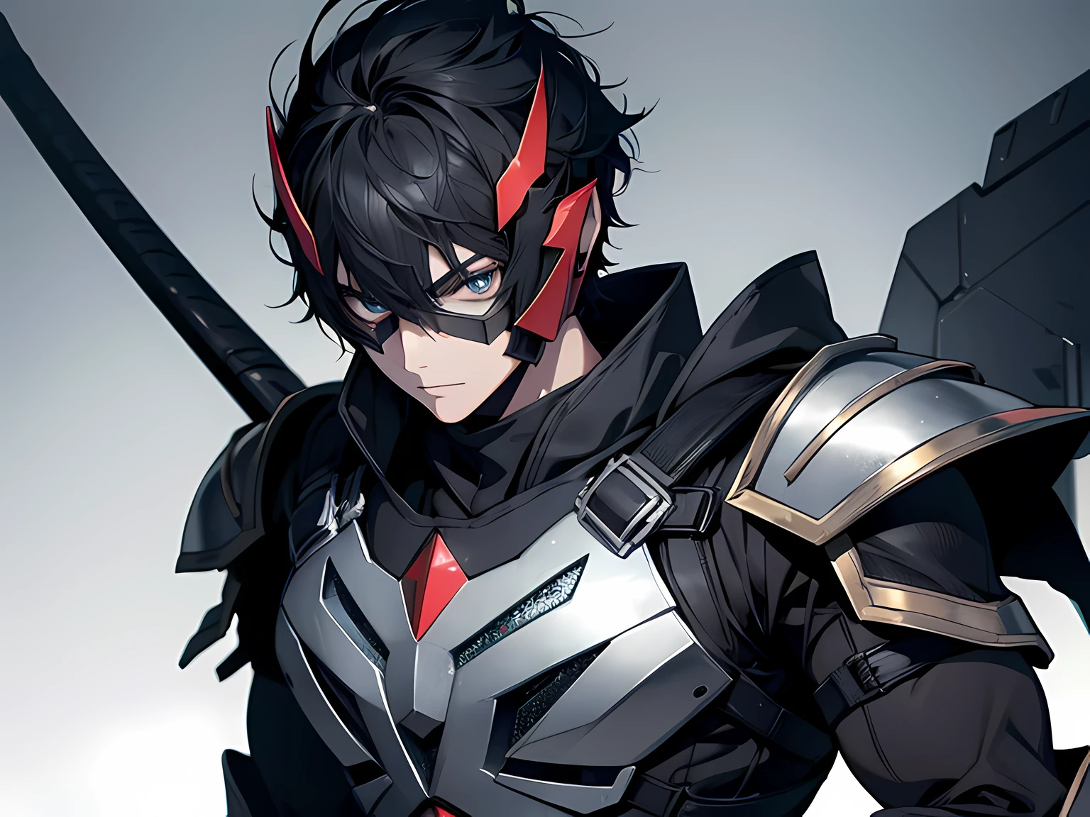 1 man, wearing armor like kamen rider without helm, holding an axe, black hair, short hair, strong facial expression, face to detail, detailed eyes, black eye colors, the background is city, full-body illustration