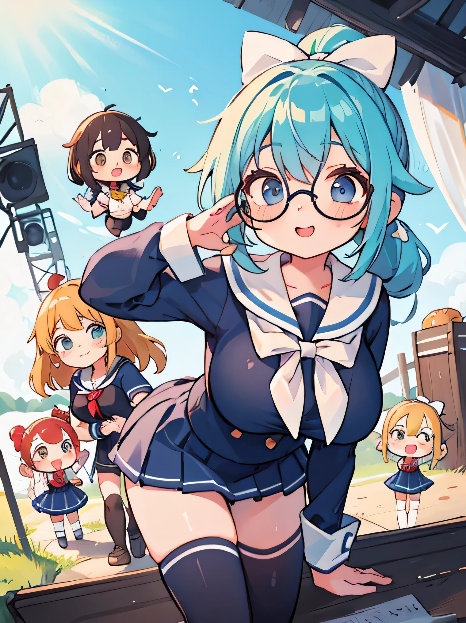 highest quality、High resolution、8K、cute beauty、detailed background、beautiful and detailed face、beautiful and smooth skin、skin texture、Beautiful teenage girl、(5 women)、(big breasts:1.4)、sexual expression、Cute character wearing a sailor suit.。Uniform costume with white sailor collar and ribbon.。dark blue pleated mini skirt、Cute colored knee high socks、Cute Ponytail、cute glasses、sleeveless、
Each character comes with a different colorful accessory.。sexy pose、outdoor stage、panty shot、panty shot