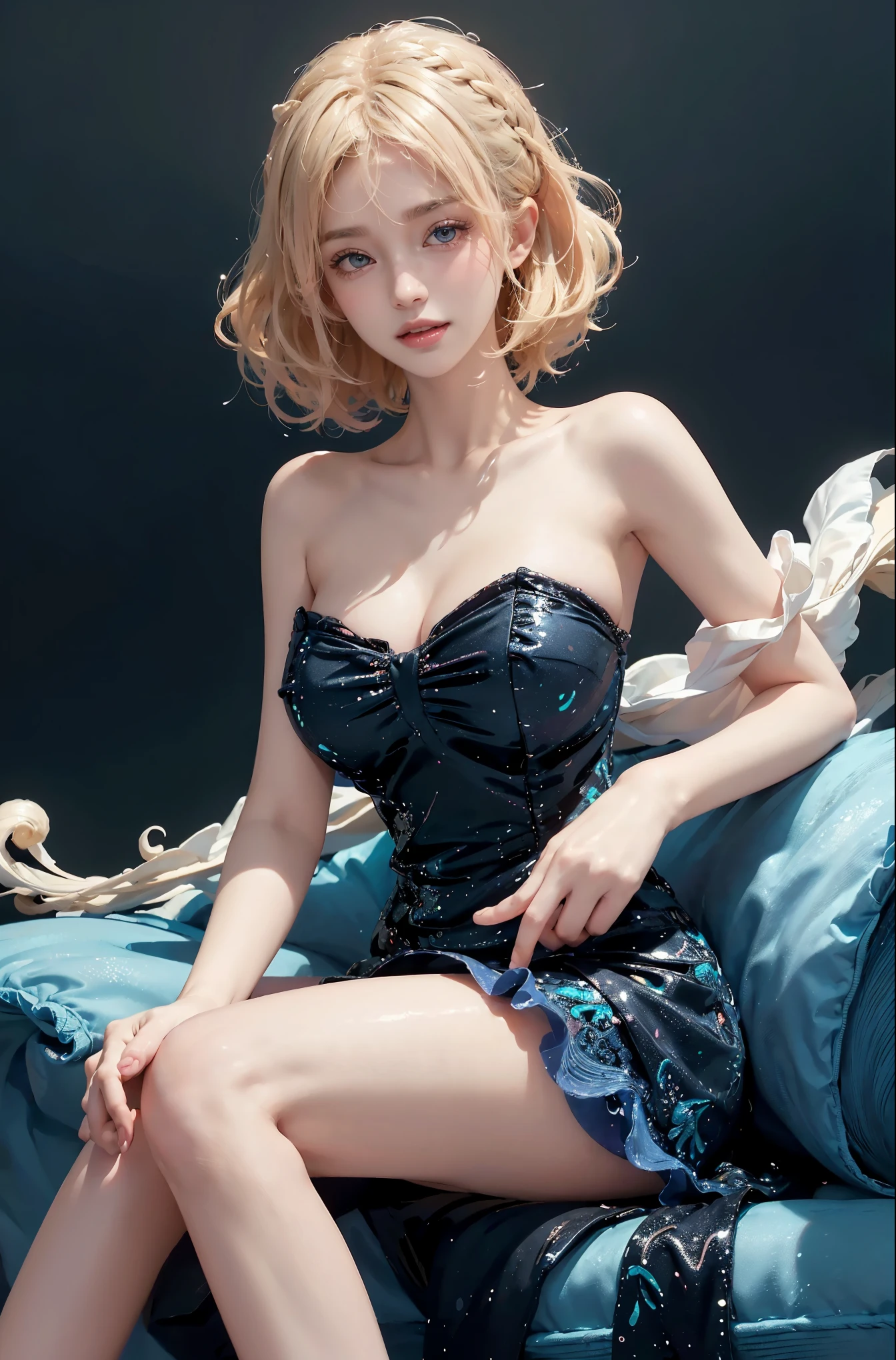 Special clothes46,strapless dress, (full body), (Surrealism), (illustration), (Resolution enhancement), (8k), (Very detailed), (Best illustration), (beautiful and delicate eyes), (best quality), (super detailed), (masterpiece ), ( wallpaper), (Detailed face),one blonde, curls,(High top fade in and out:1.3), (Smile brightly, bright look), dark theme, soothing tone, pastel colors, high contrast, (natural skin texture, Surrealism主义, soft light, impatient),exposure blending, medium shot, Bokeh, (human development report:1.4), high contrast, (Movie, teal and orange:0.85), (pastel colors, fade, soothing tone:1.3), high saturation, (super detailed:1.2),(big breasts :1.2)