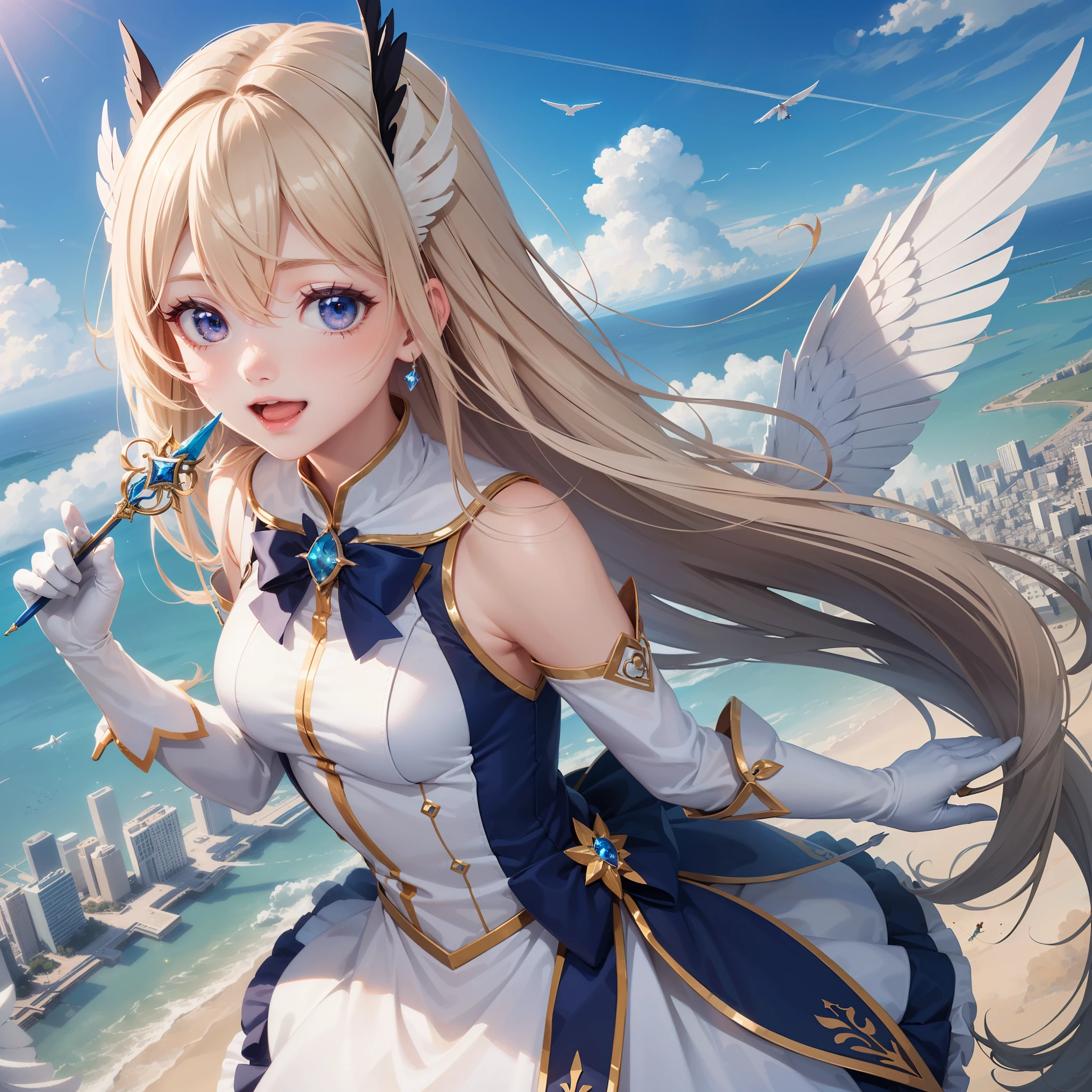 1girl, magical girl, white medium dress, white elbow gloves, wing hair ornament, hold wand, skirt, wing brooch, growing detailed eyes, burst into laughter, brilliant colorful luminescence effect, floating, (aerial view:1.3), (flying:1.3), above cloud, blue sky, (best quality:1.3), (top quality:1.1), masterpiece, high resolution, immensely beautiful, extremely detailed CG
