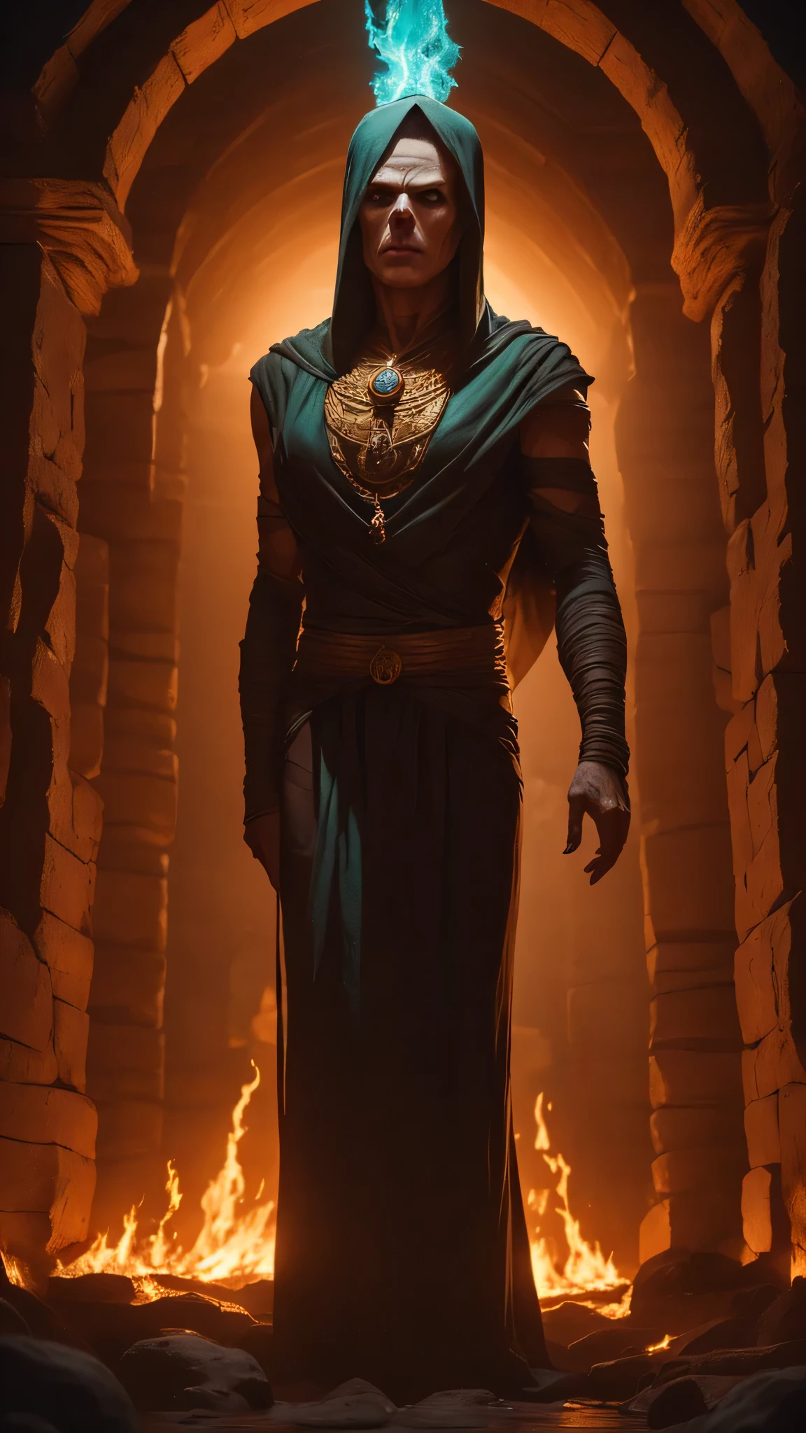 Aidan Gillen as Shinnok from Mortal Kombat, 1man, solo, ((mummy)), (((maroon hennin))), (((pale white skin))), (dark turquoise robe with intricate golden patterns), (amulet), a river of burning lava, burned bones lying everywhere, intricate, high detail, sharp focus, dramatic, photorealistic painting art by greg rutkowski