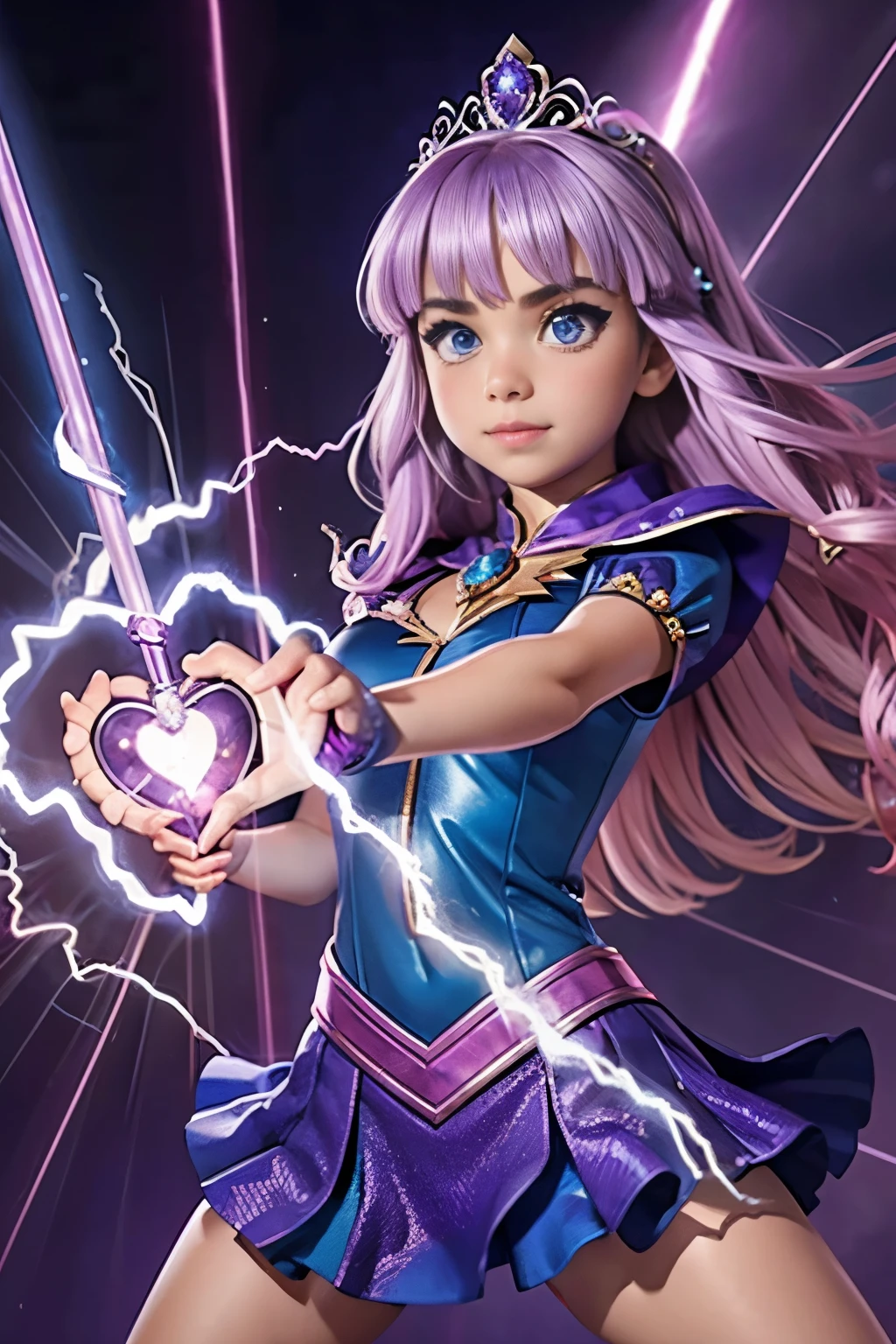 A cute teenage girl is in a strange jewel inlaid outfit, she has a tiara with a magic symbol, her eyes are violet, she is in an action pose wielding a wand that has a heart motif, electricity dances around her and she hurls a lightning bolt from her wand