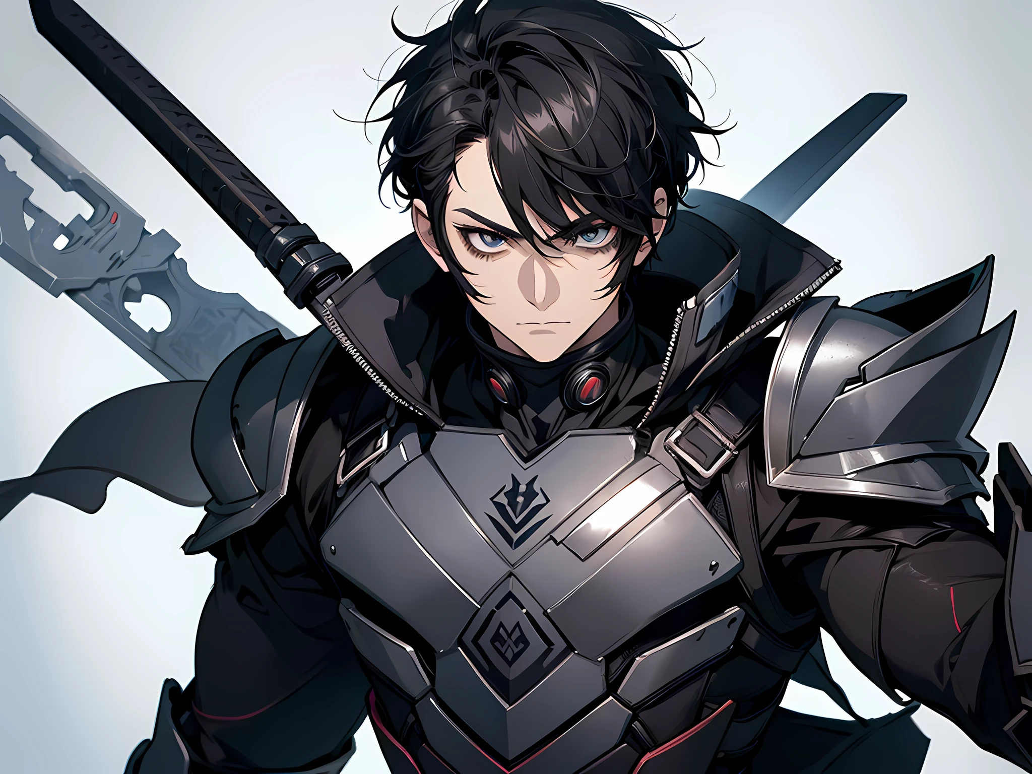 1 man, wearing armor like kamen rider without helm, holding an axe, black hair, short hair, strong facial expression, face to detail, detailed eyes, black eye colors, the background is dungeon, full-body illustration