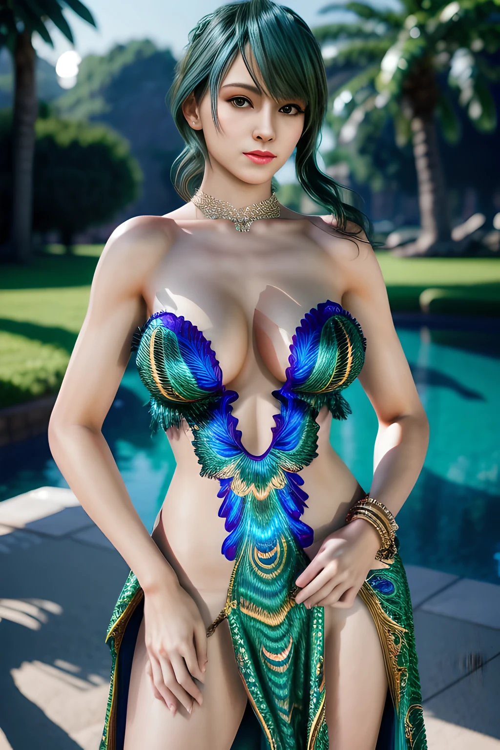 1 girl,skirt,(Dress by (Peacock feathers)),outdoor, (permanent,sexy model pose:1.2),jewelry,Lips slightly open, lustful smile, red lips,(huge breasts),((8k, original photo, top quality, masterpiece), HD RAW color photos professional close-up photos), (actual, photorealism: 1.37), (best quality), (best shade),ultra high resolution, HD CG unified 8K wallpaper,soft sunshine,clothing details, alone,Tamaki