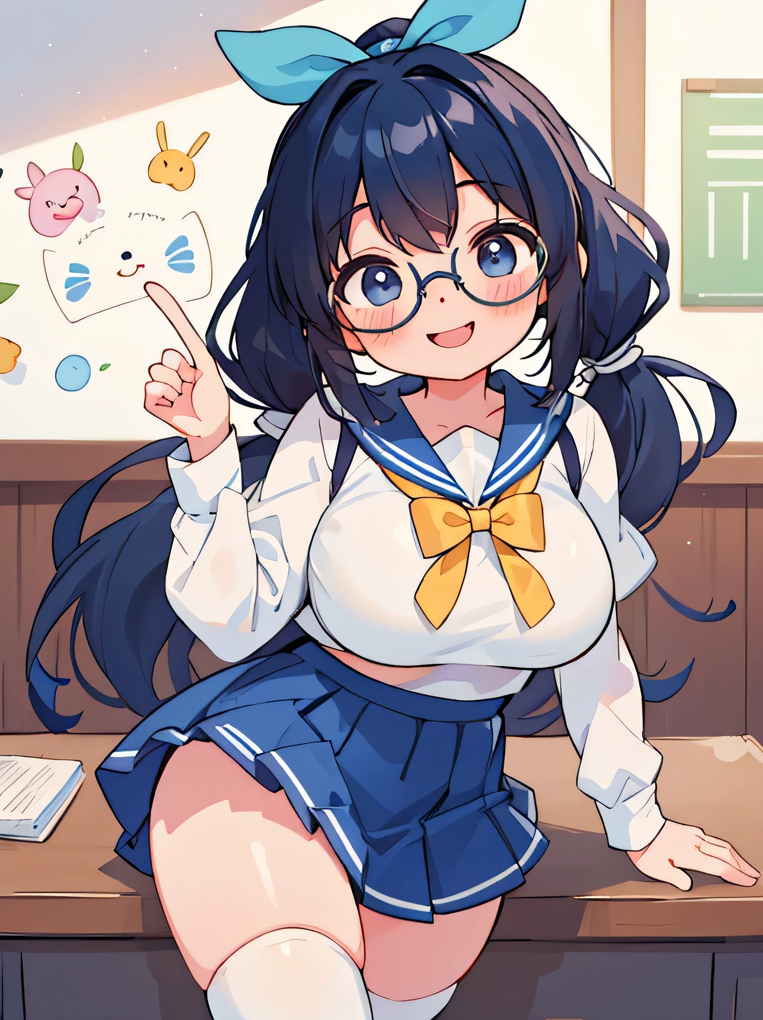 highest quality、High resolution、8K、cute beauty、detailed background、beautiful and detailed face、beautiful and smooth skin、skin texture、Beautiful teenage girl、(multiple women)、(big breasts:1.4)、Cute character wearing a sailor suit.。Uniform costume with white sailor collar and ribbon.。dark blue pleated mini skirt、Cute colored knee high socks、Cute Ponytail、cute glasses、sleeveless、Laughing in the classroom、smile、smile、sexual expression、
Each character comes with a different colorful accessory.。sexy pose、panty shot、panty shot
