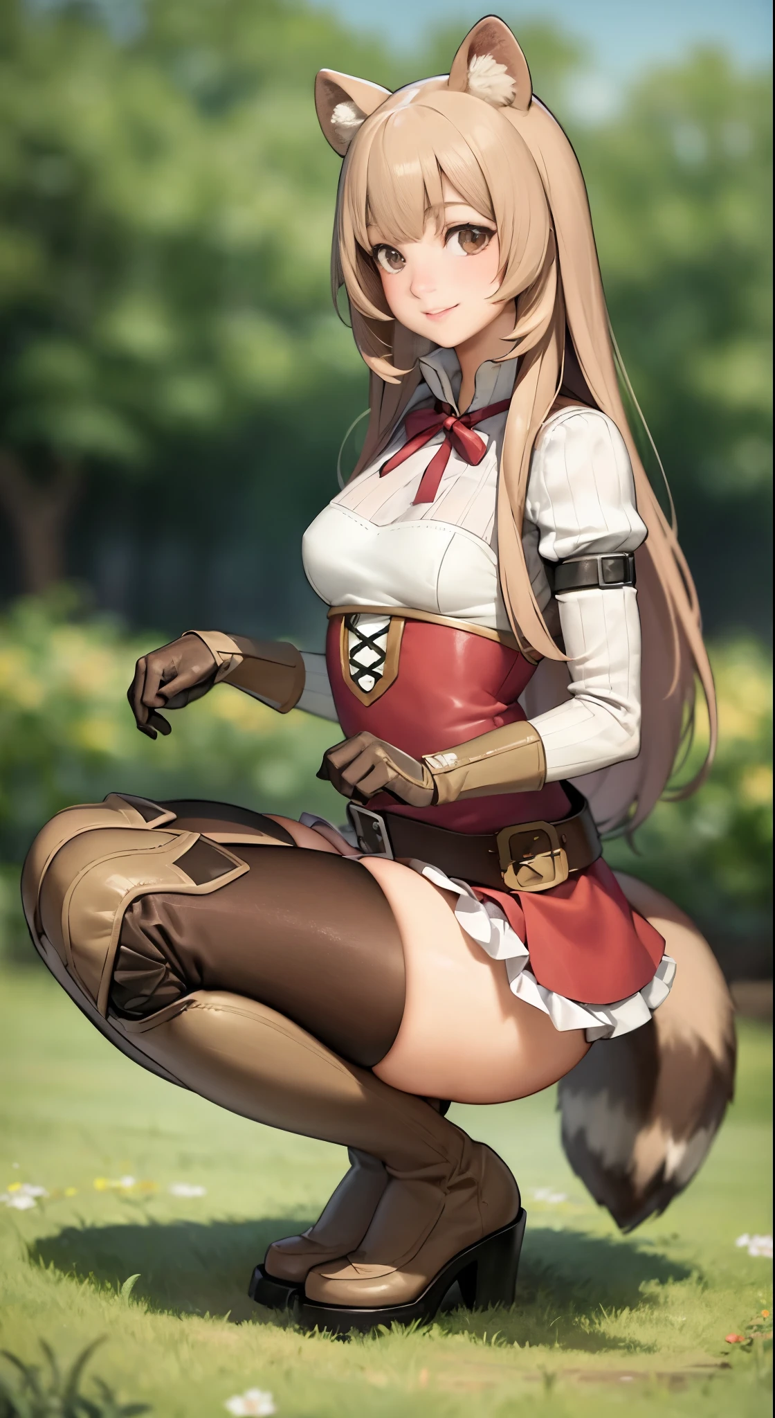 highest quality, rough, 1 girl, roughタリア、super mini skirt、white panties、squatting down、spread legs,show white panties,sexy,美しいthighs、raccoon ears, a racoon girl, animal ears, solo, long hair, brown hair, racoon tail, tail, gloves, thigh boots, knee boots, smile, bangs, thighs, thighs, looking at the viewer, full body, brown gloves, belt, long sleeves, Are standing, dress, band, closed mouth, brown shoes, Blogna, 短いdress, zettai ryouiki, red ribbon full definition, (realistic:1.4), masterpiece, blurred background, わずかなsmile, Slightly pink cheeks,in the forest, clear sky