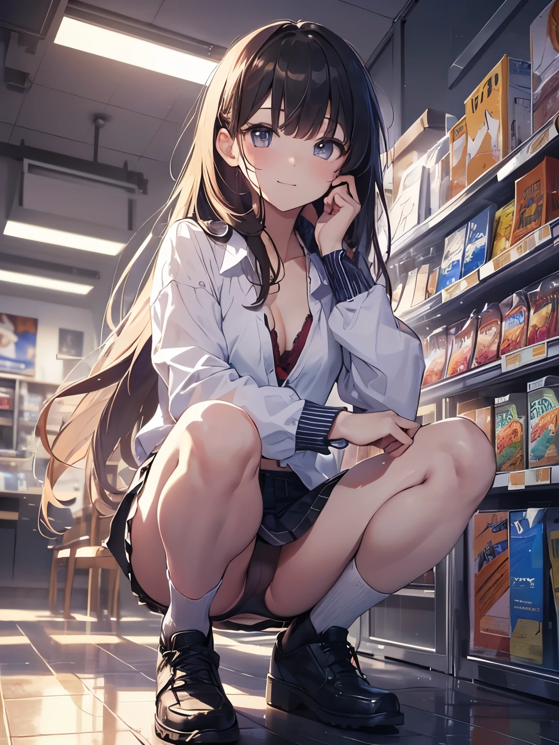 (official art、highest quality、Unity 8k wallpaper、32K、masterpiece、super detailed、超high resolution、realistic、Photoreal:1.2)、(cinematic lighting:1.2)、fire glow effect、film grain、best shadows、rim lighting、side light、(Super detailed and complex 3D rendering)、Background like Makoto Shinkai、detailed beautiful face and eyes、(Beautiful and sharp pupils)、masterpiece, high resolution、highest quality, ultla highres, maximum resolution, very detailed, professional lighting, beautiful skin, 28 year old woman、very pretty、Japan convenience store、convenience store interior、Convenience store clerk、part time job、(grab the shirt)、(panties:1.1、Shirt Unbuttoning:1.15、bra:1.1)、shoes下、shoes、bright hair color、blonde、bangs、dull bangs、((squint your eyes、laugh at、with a look of contempt、laugh atう、naughty face))、The girl is looking to the side、Wide angle、angle from below、(((Precise human body structure、Correct and accurate number of limbs、Correct and accurate number of fingers)))