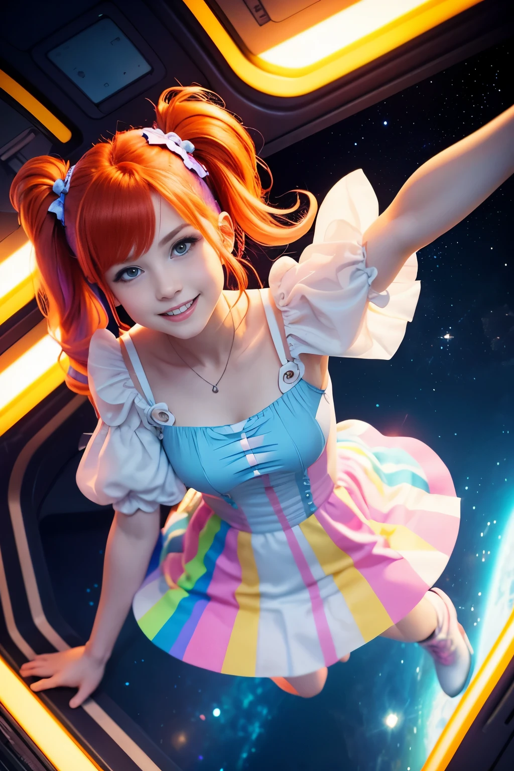 (overhead view) Cute redhead with rainbow colored hair tips, ribbons in her hair, 18-year-old woman, happy, smiling, in twin tails, perfect eyes, clear sparkling blue eyes, pale skin, silky smooth skin, flying a fancy metal luxurious space ship, futuristic cockpit, she's a pilot, outer space seen in windows, dark warm lighting, wearing a futuristic dress, low cut top, pleated (chemise) mini dress (pastel rainbow colors, and polka dots), puffy sleeves, silk, pantyhose, cute short cut booties, boots.