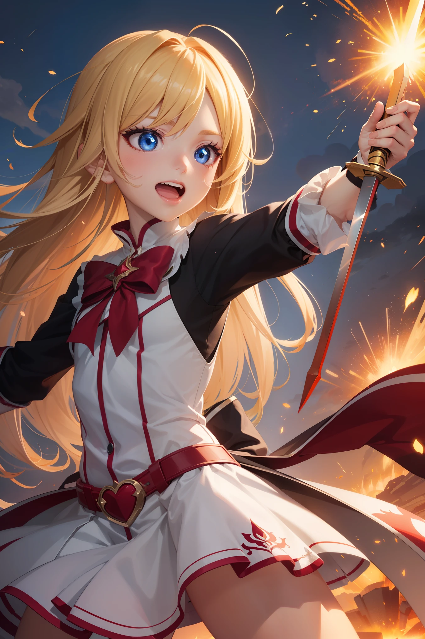 magical girl, hold sword, fighting stance, explosion, reflect burst fire, growing detailed eyes, burst into laughter, brilliant colorful luminescence effect, (best quality:1.3), (top quality:1.1), masterpiece, high resolution, immensely beautiful, (anime coloring), extremely detailed CG